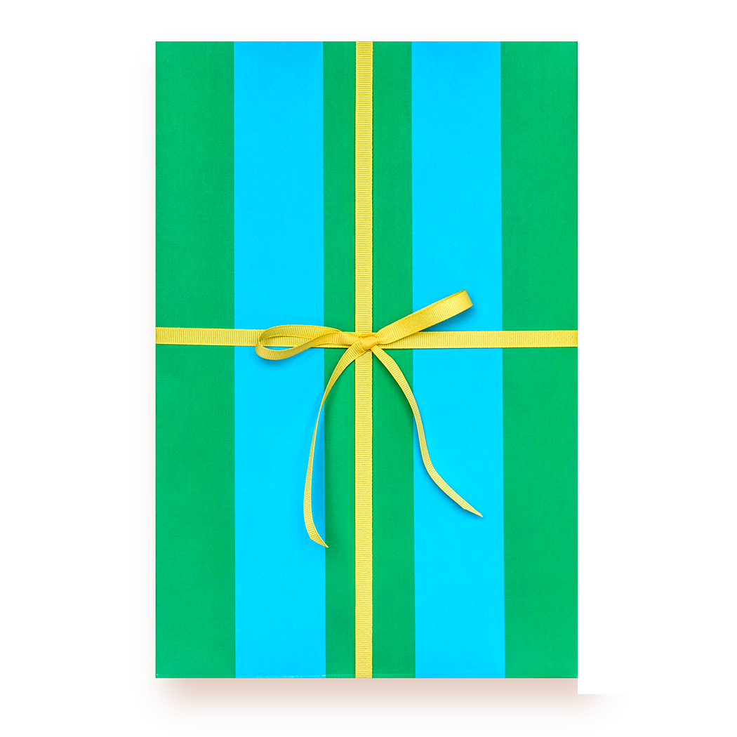 Gift box with green and blue striped pattern and yellow ribbon on a white background