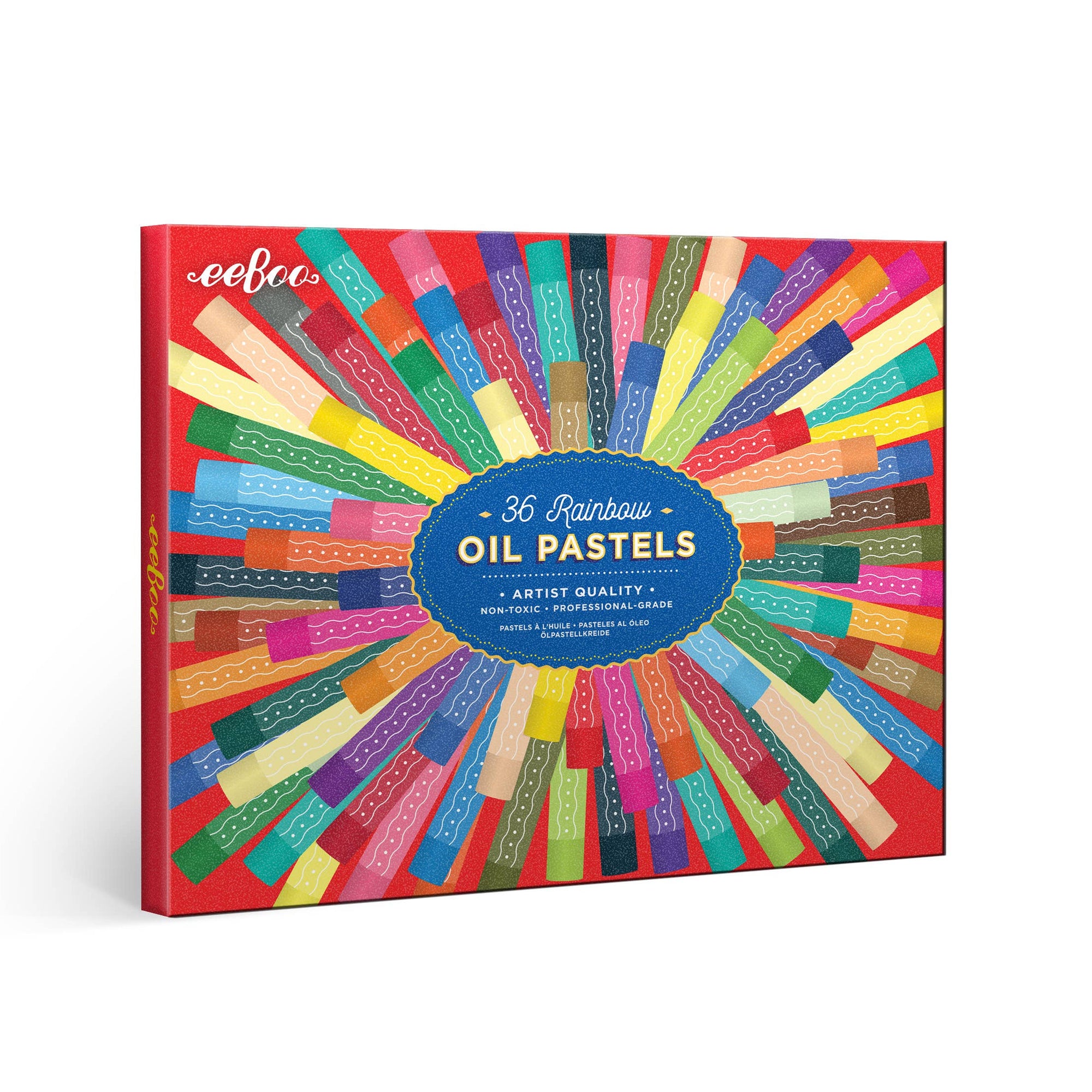Box of 36 rainbow oil pastels with a colorful design on a white background
