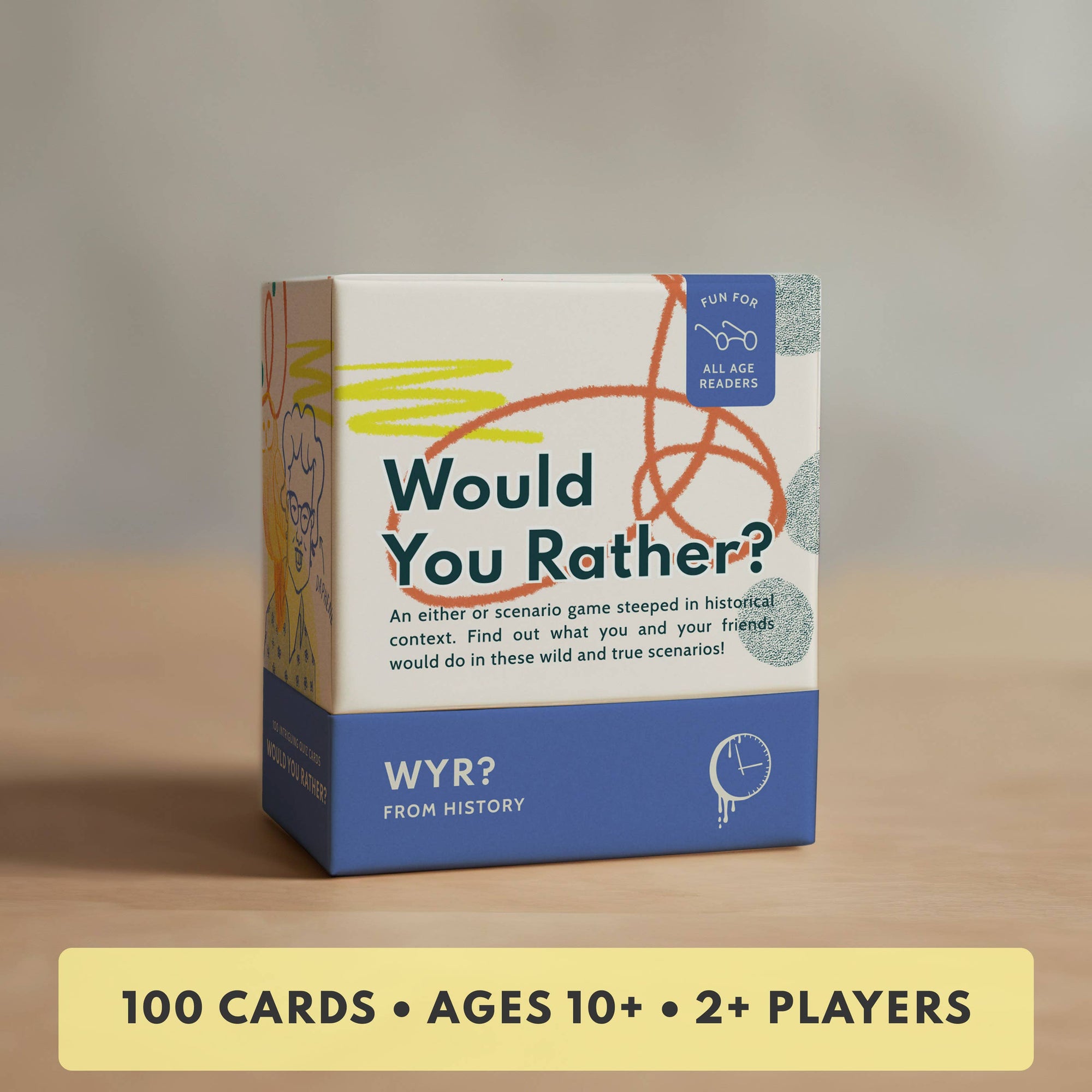 Board game box titled 'Would You Rather?' on a wooden surface with a neutral background