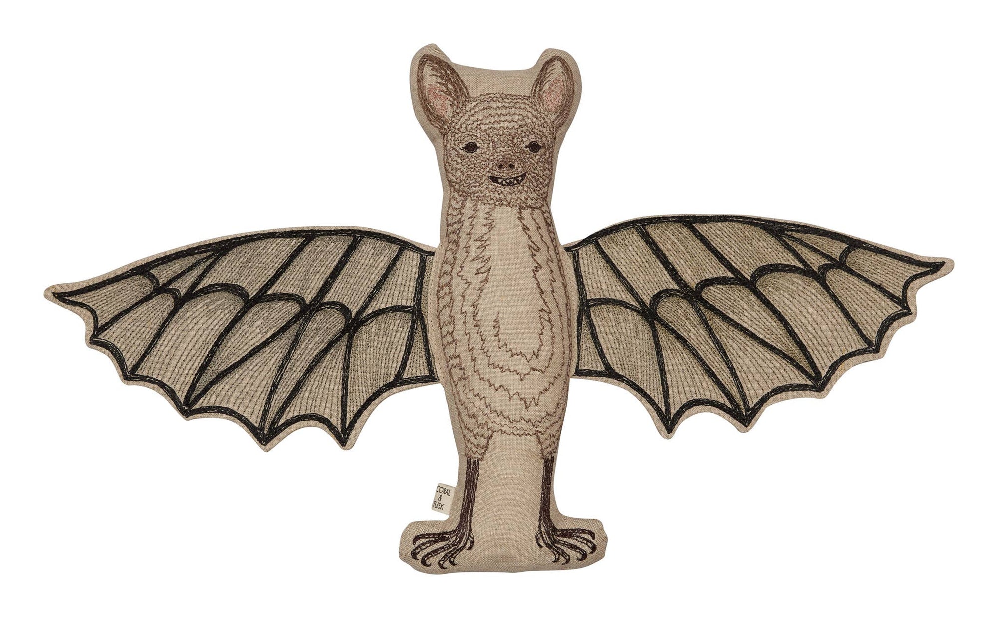 Bat-shaped toy with embroidered details on a white background