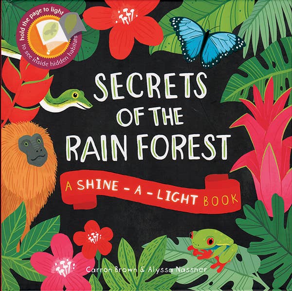 Book cover of 'Secrets of the Rain Forest' with colorful illustrations of rainforest animals and plants.