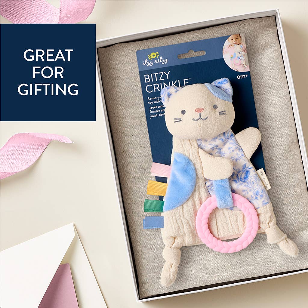 Plush toy with crinkle elements in a box, labeled 'Bitzy Crinkle', on a light background.