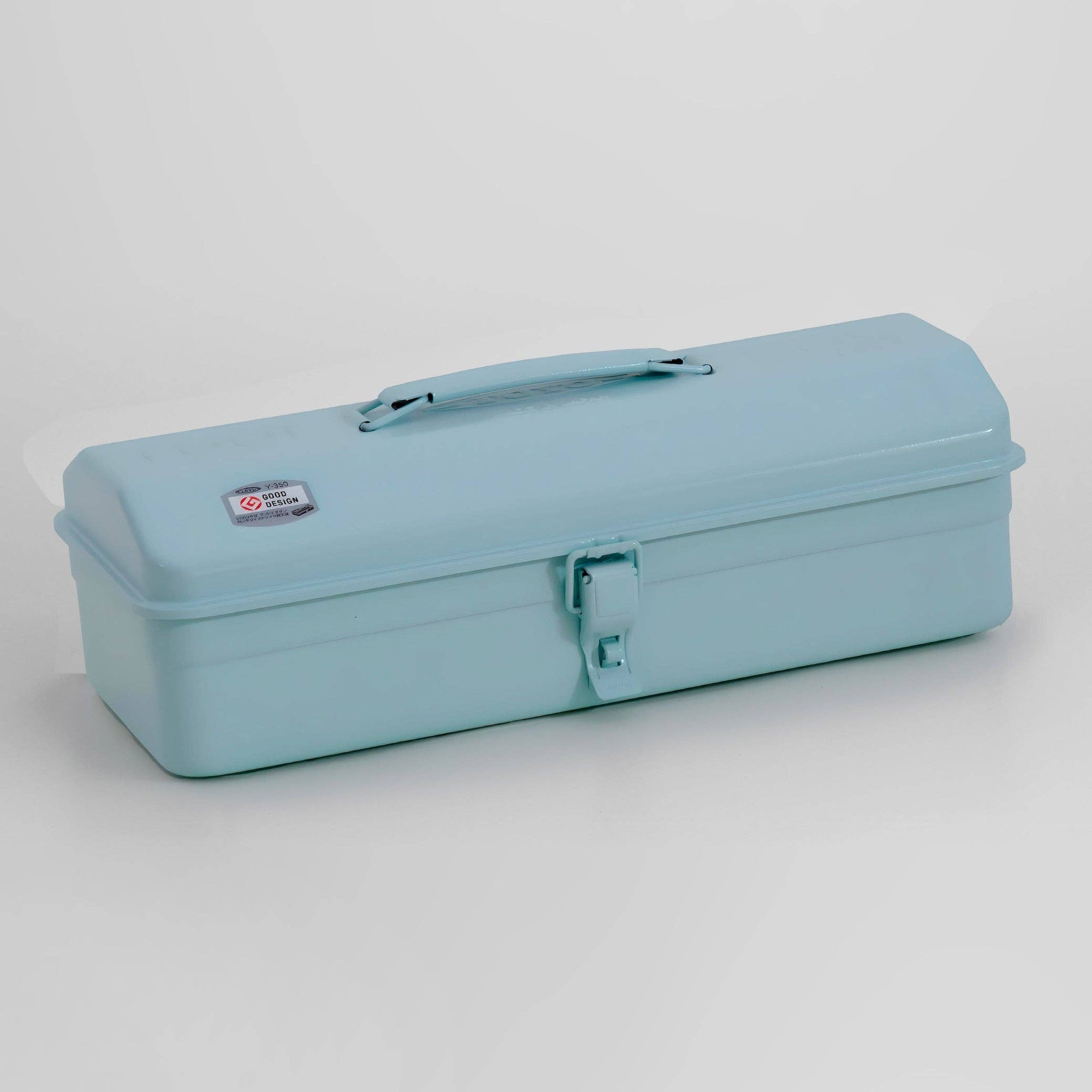 Light blue toolbox with a visible brand logo on a gray background