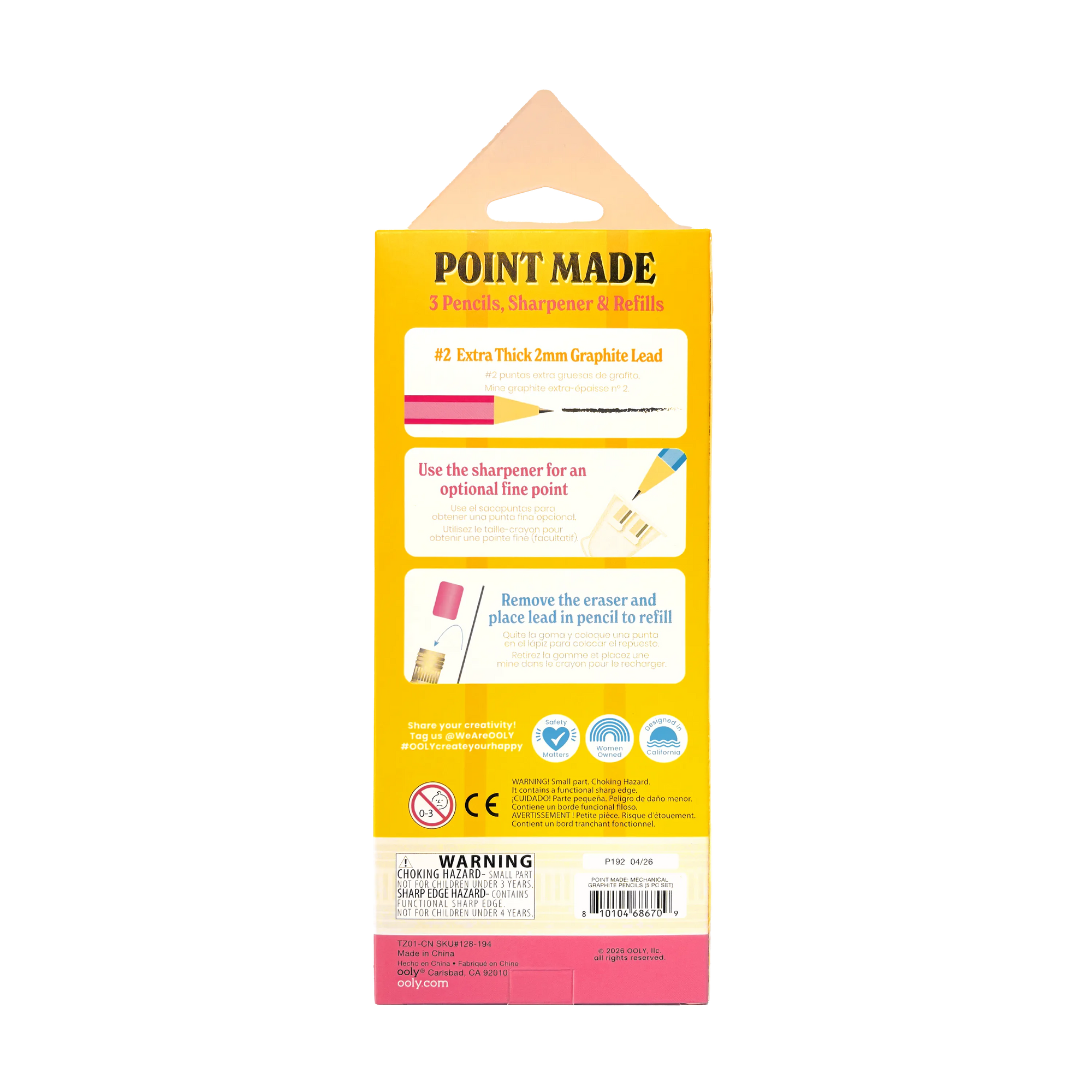 Packaging of Point Made pencils with yellow label and pink base.