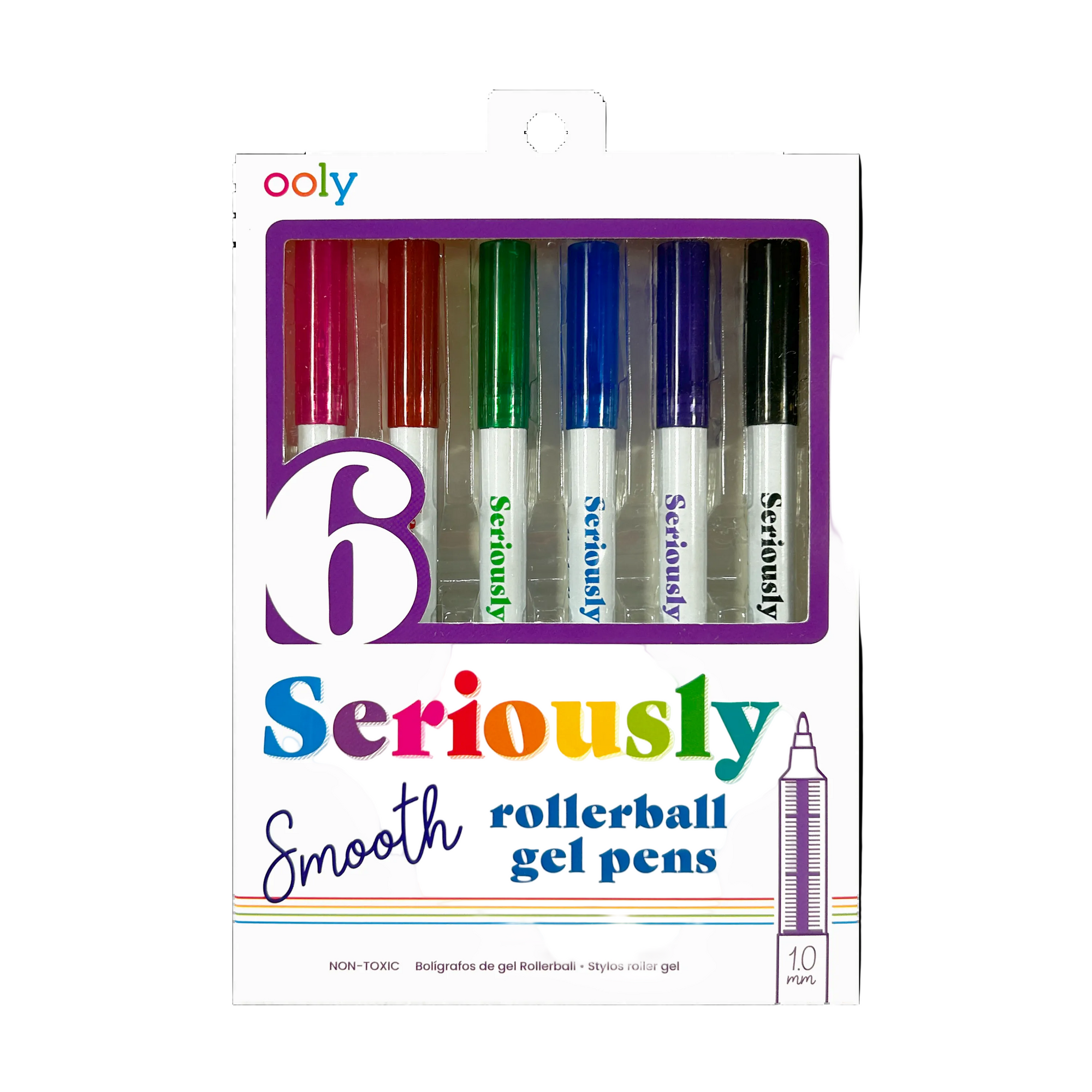 Set of six rollerball gel pens in a white case with 'ooly' branding.