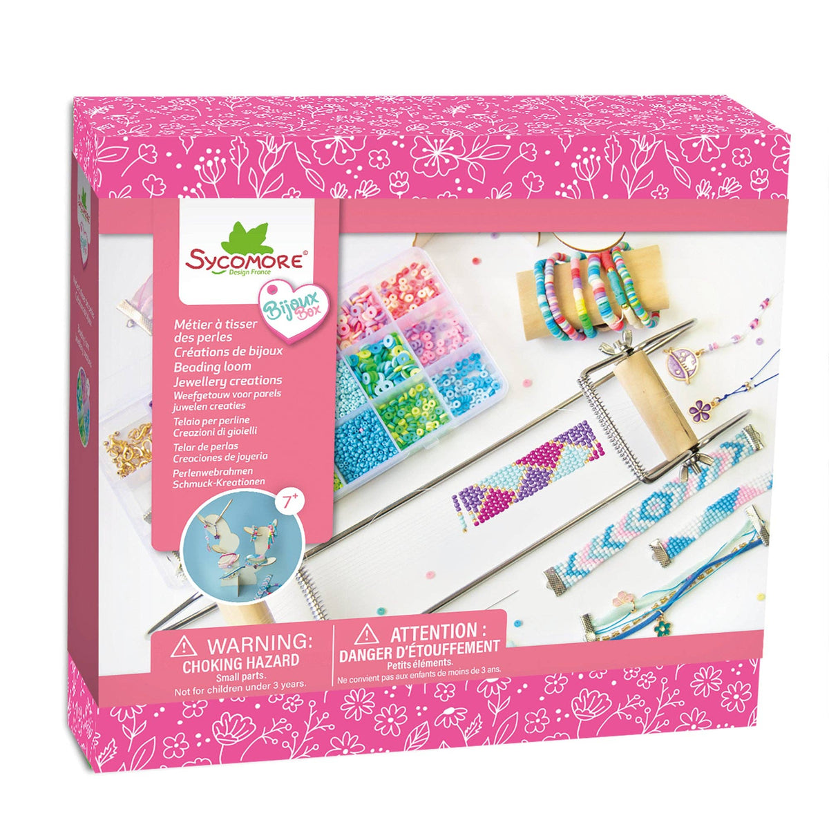 Sycamore Jewellery Creations Beading Loam kit in its retail packaging, featuring a pink floral box with a clear window displaying the wooden bender tool and colorful bead compartments.