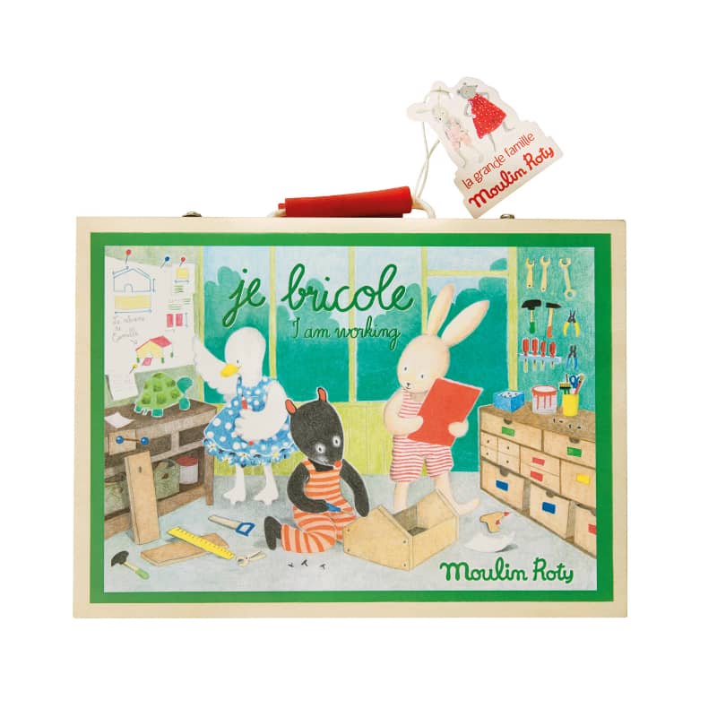 Children's book with illustrations of animals in a workshop, featuring the brand 'Moulin Roty'.