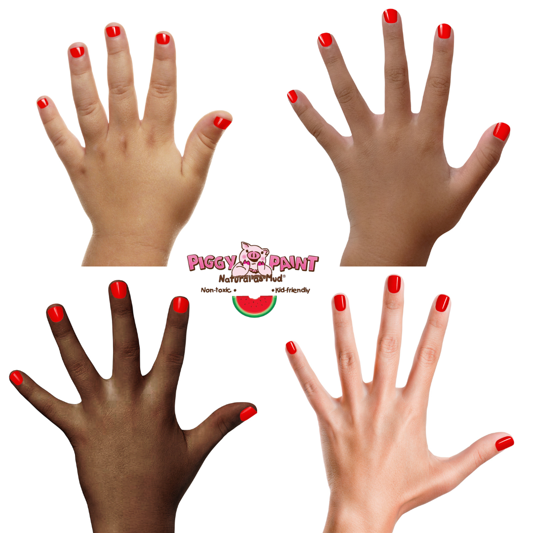 Four hands with red nail polish and Piggy Paint logo.