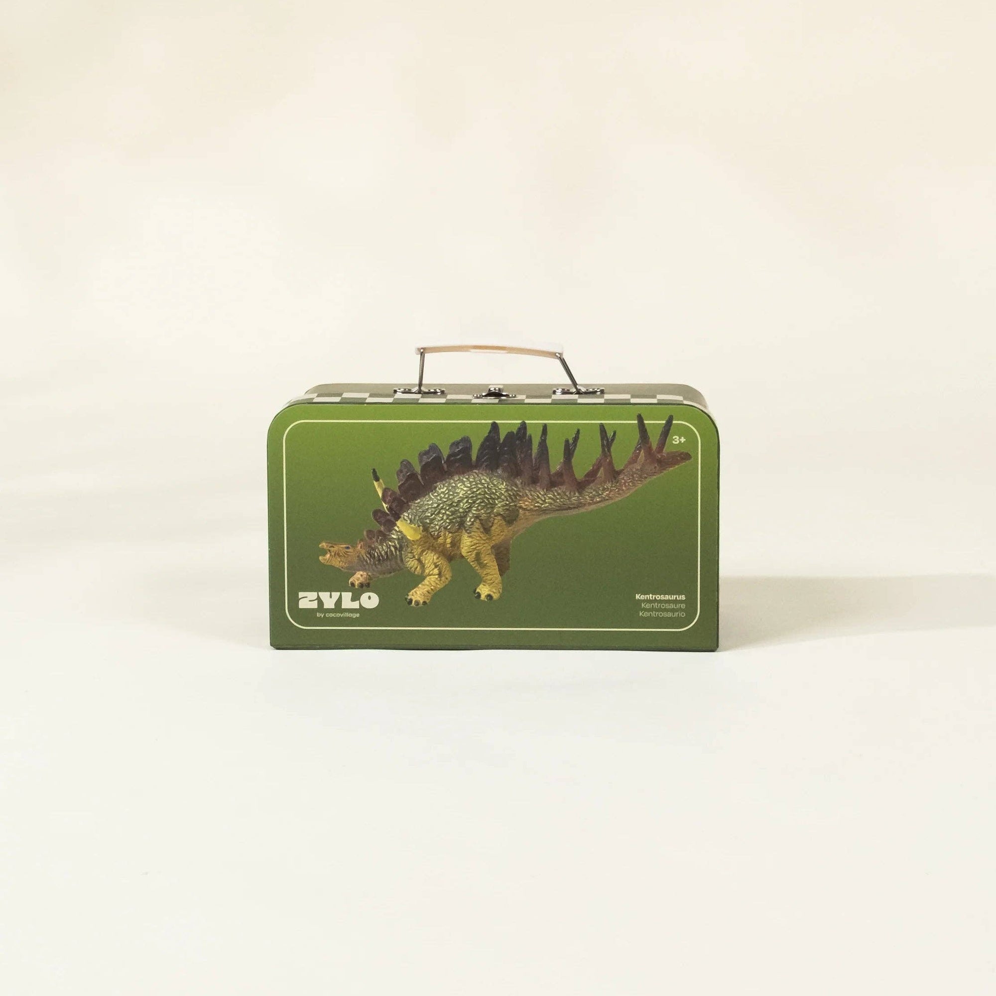 Green toy box with a dinosaur design on a white background