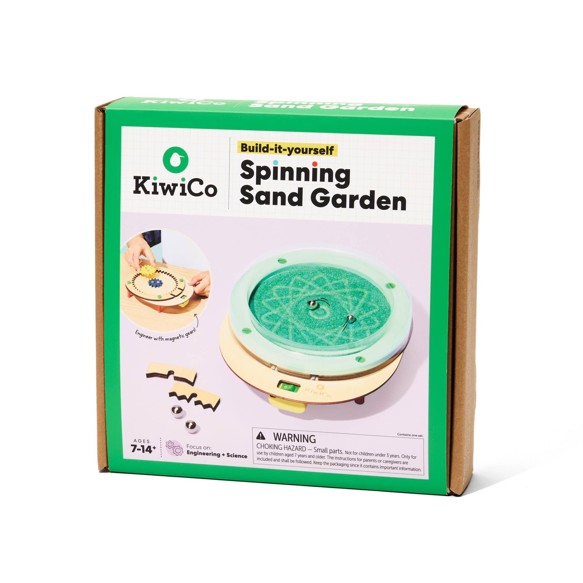 KiwiCo Spinning Sand Garden kit packaging on a white background
