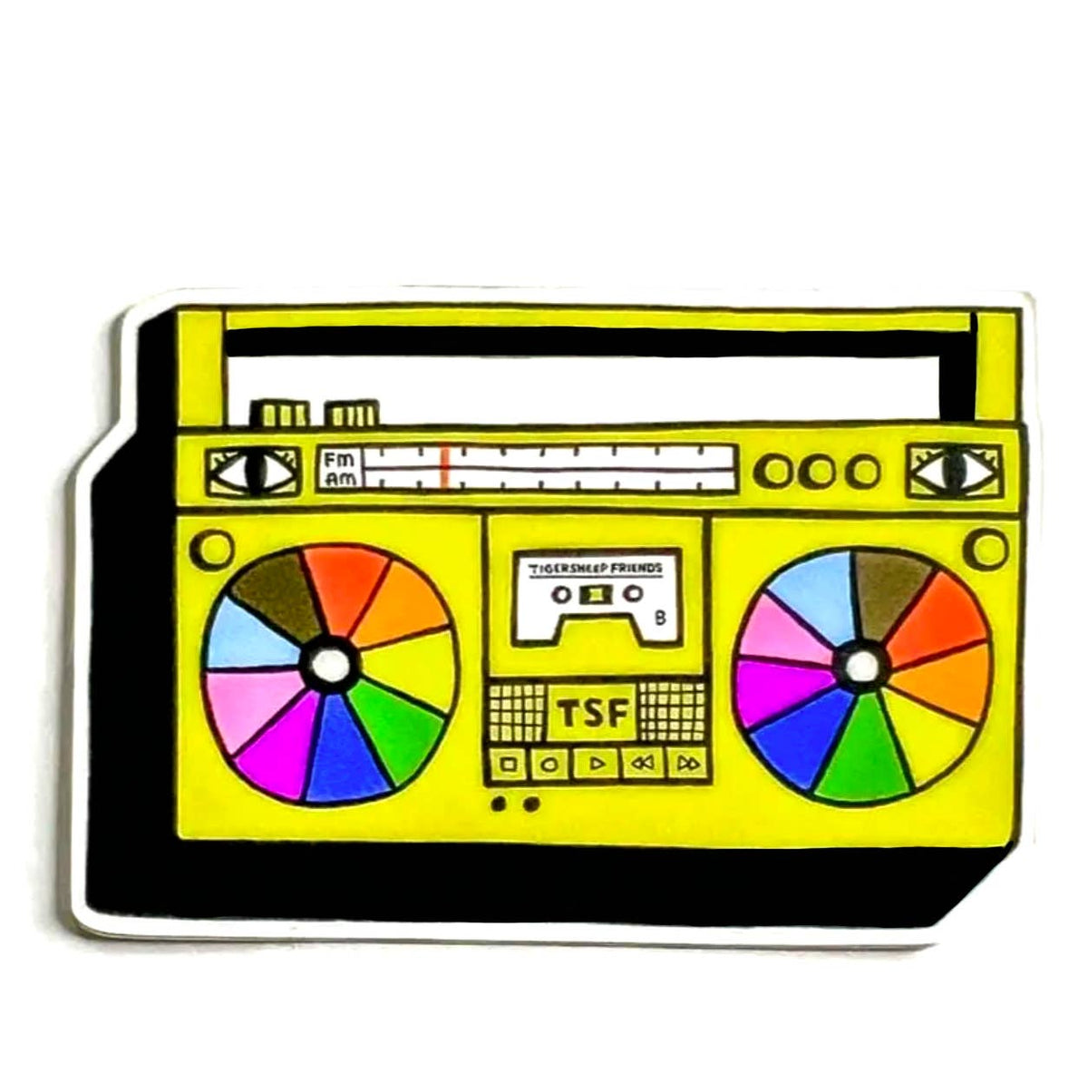 A die-cut sticker featuring a retro boombox illustration in bright yellow, black, and multicolor wheel graphics on a white background.