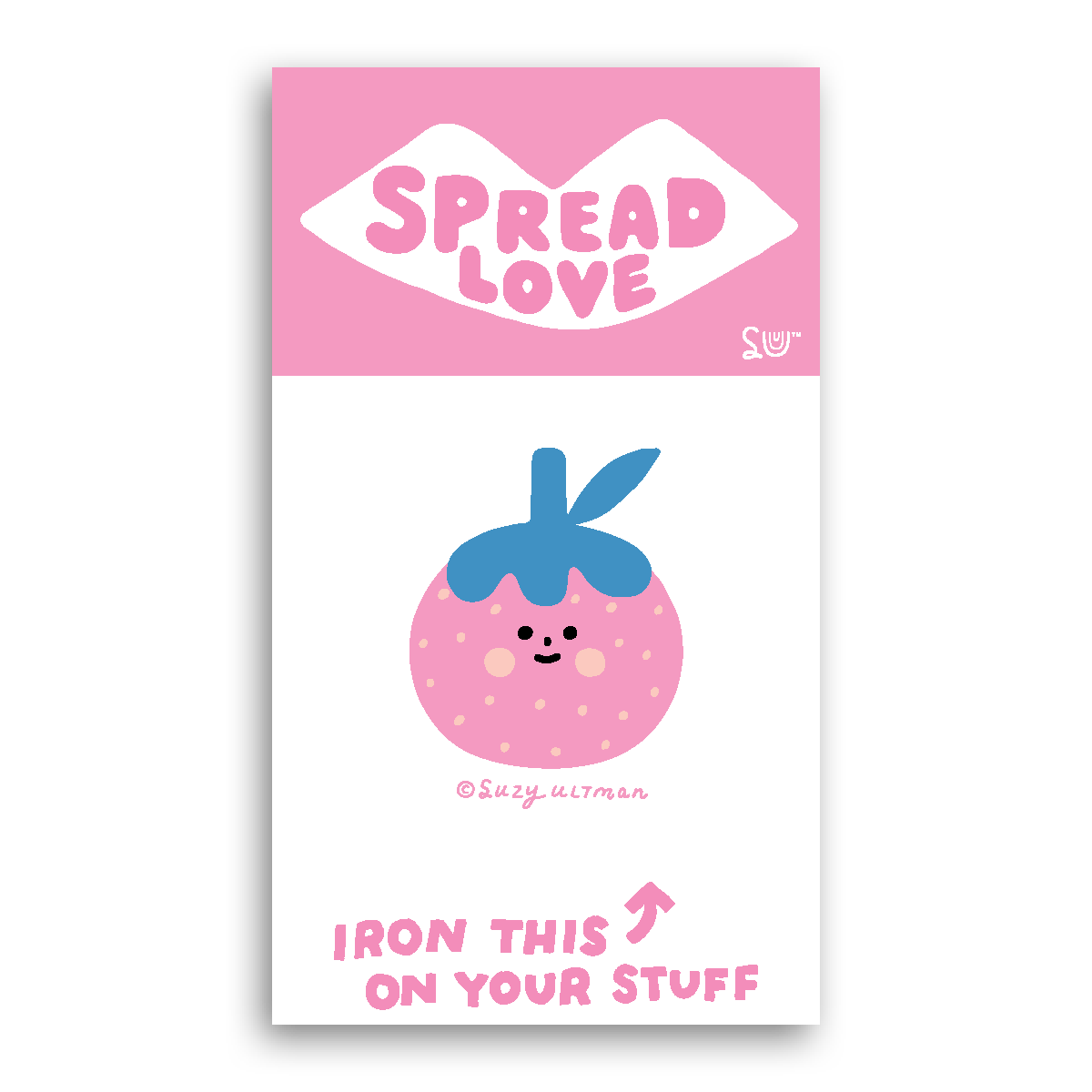 Iron-on label with a cute design and 'Spread Love' text on a pink background