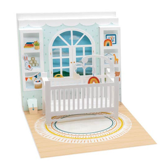 Toy crib with a bookshelf and colorful decorations on a white background
