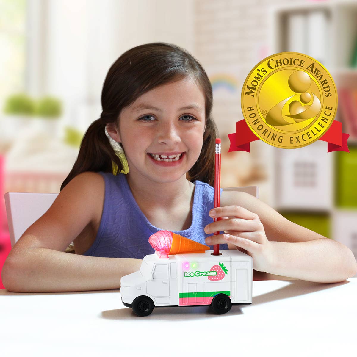 Young girl with a toy ice cream truck and a 'Mom's Choice Awards' logo.