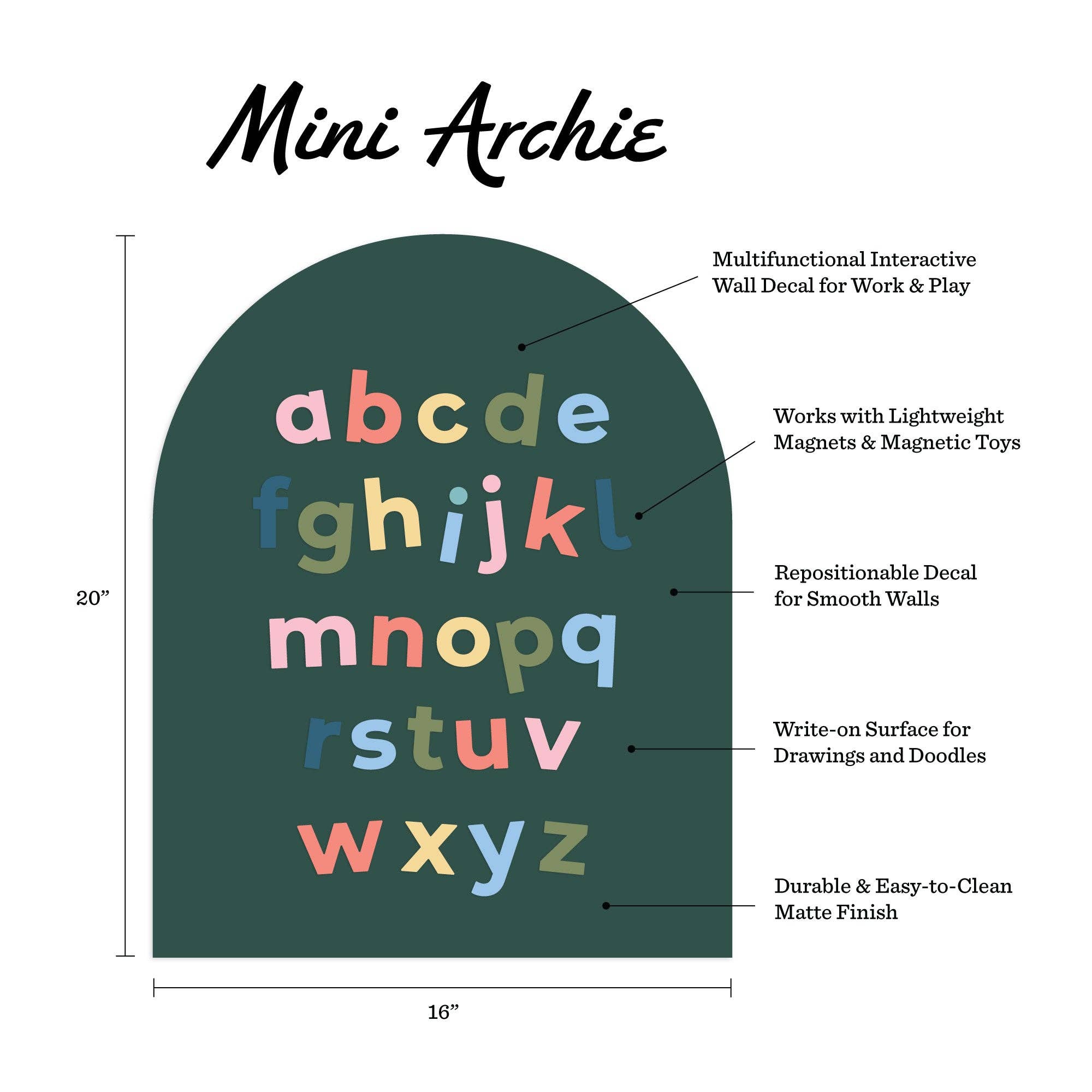 Wall decal with colorful letters and product features on a green background