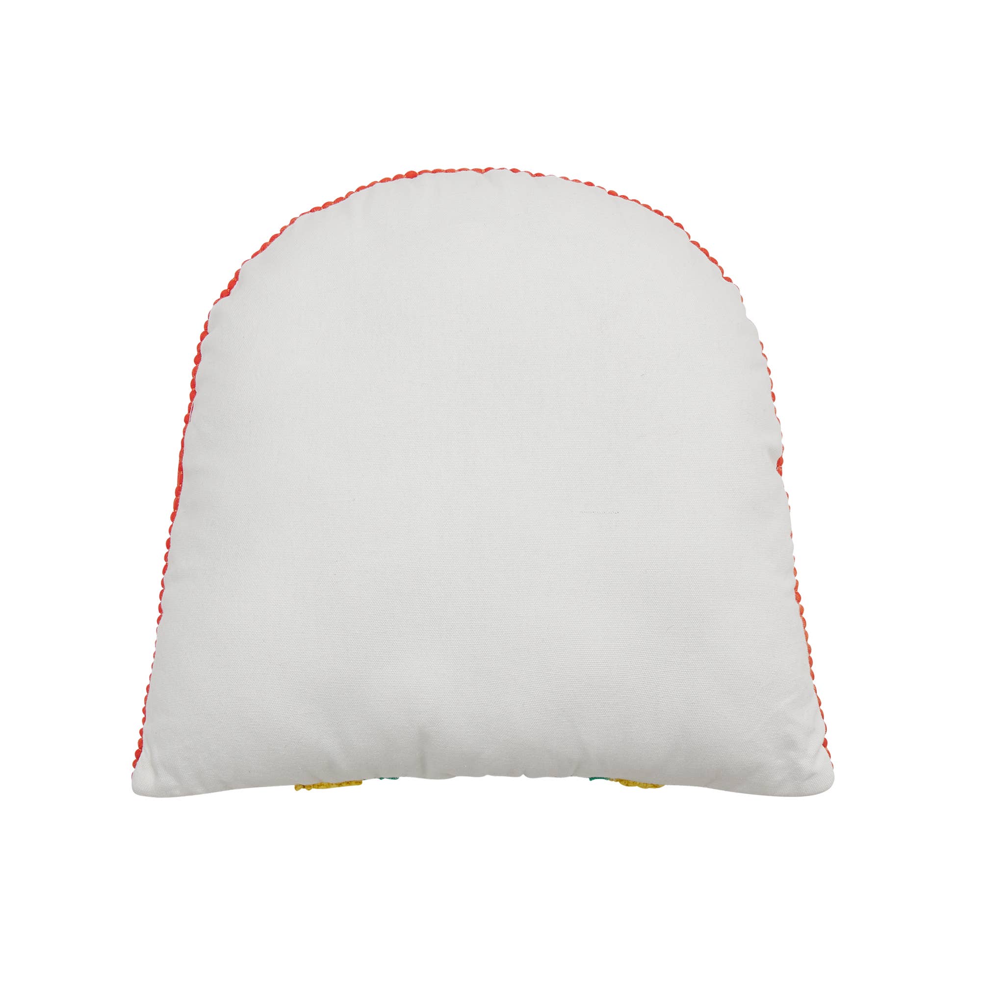 White pillow with red stitching on a white background