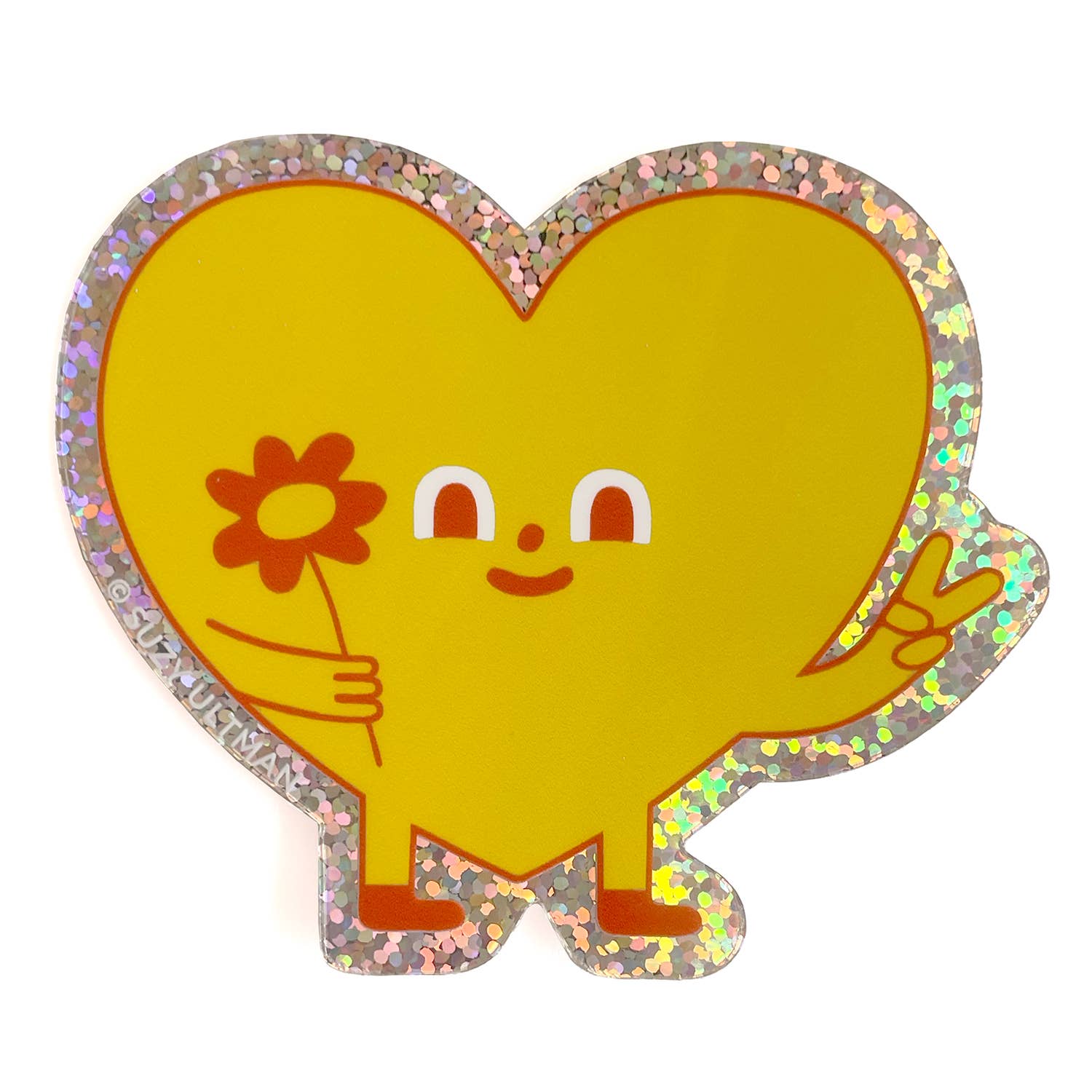 Heart-shaped character with a flower and peace sign on a white background