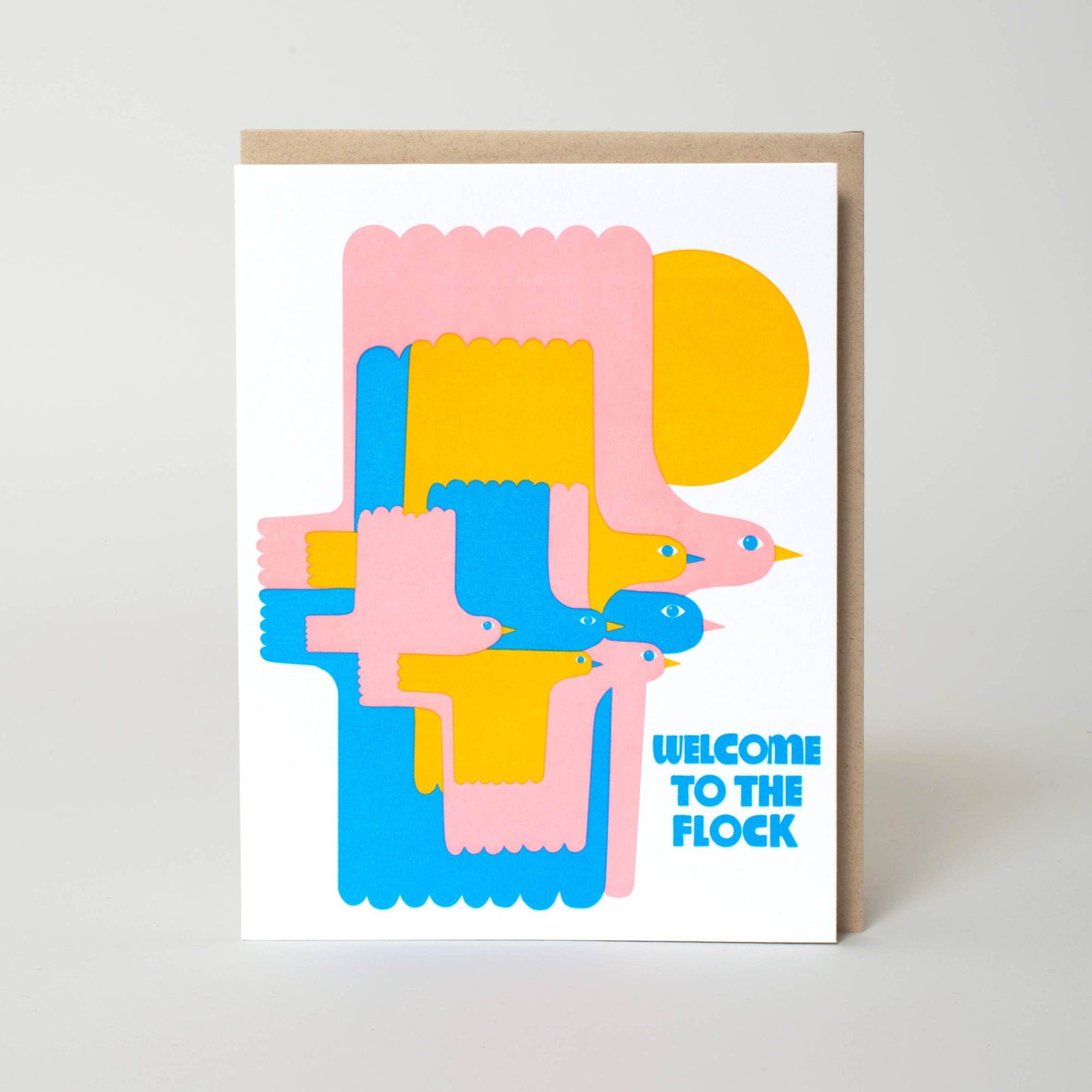 Greeting card with colorful bird illustrations and 'Welcome to the Flock' text on a white background.