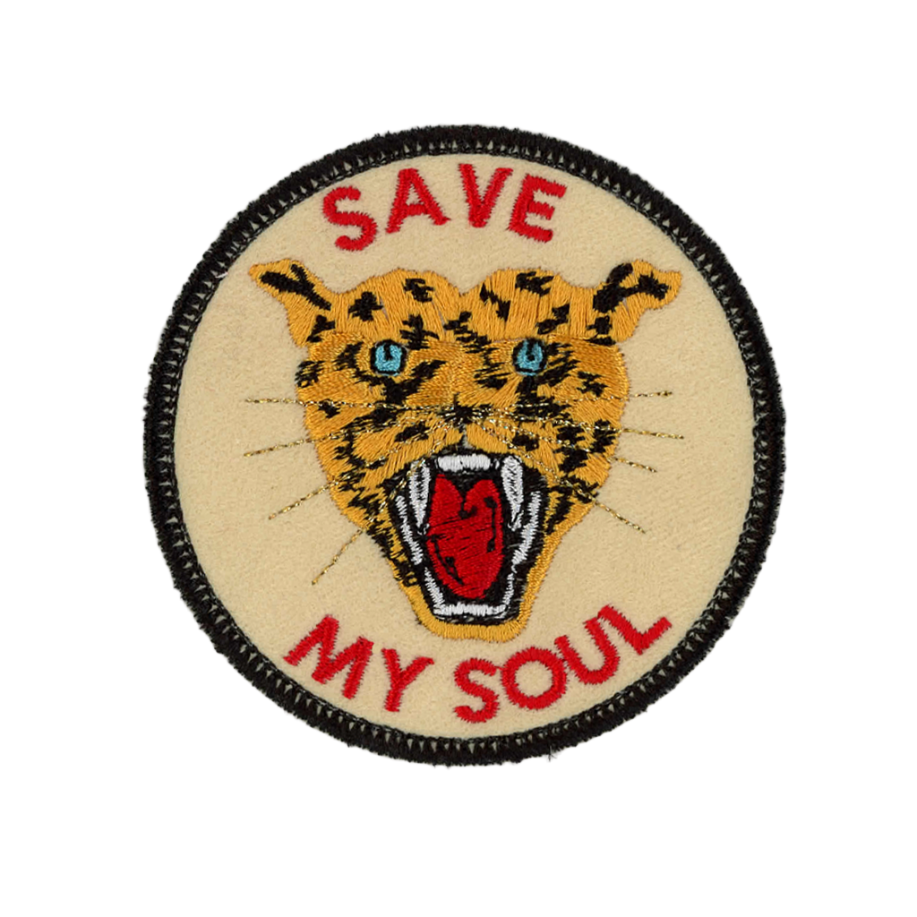 Patch with a leopard design and 'Save My Soul' text on a beige background