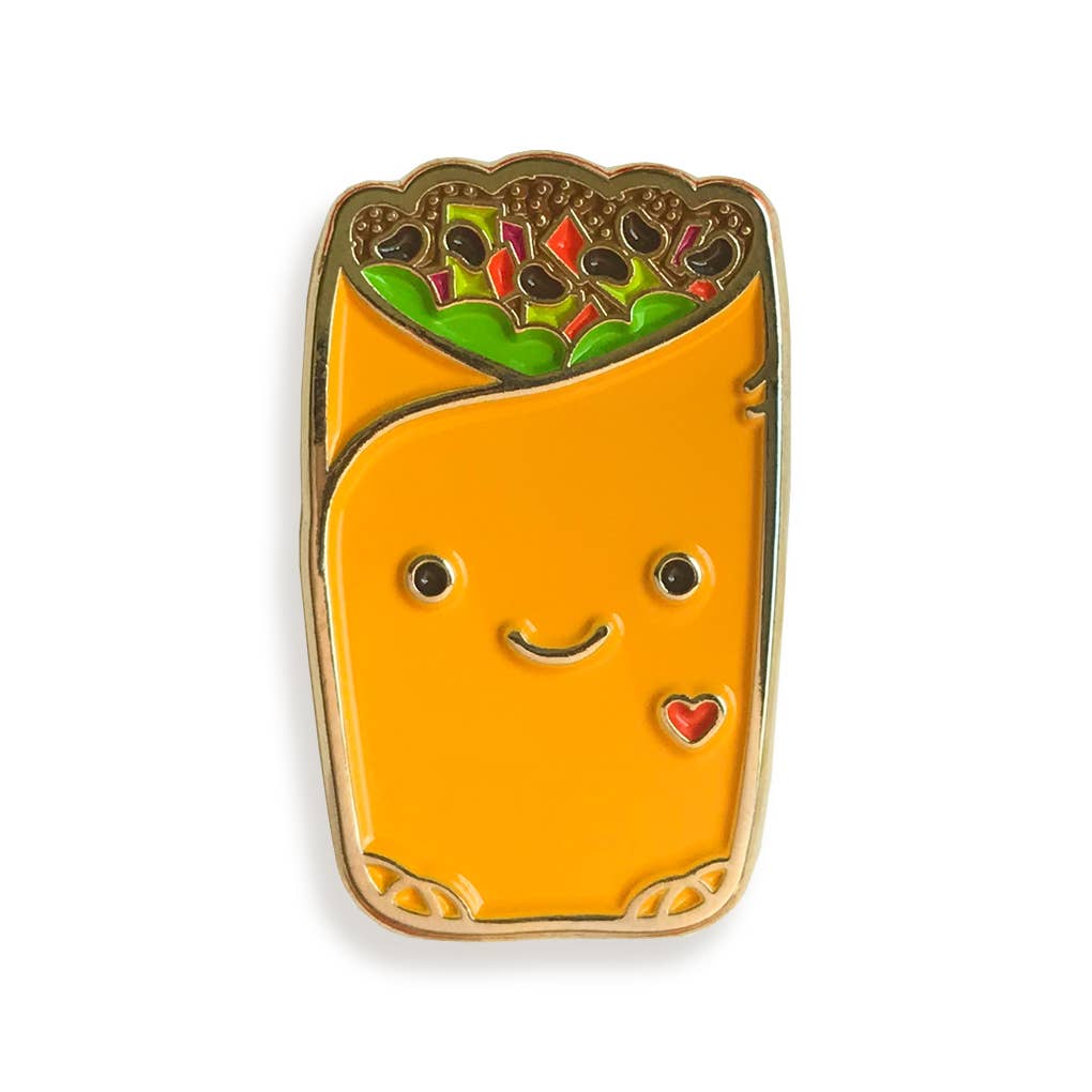 Enamel pin of a cartoon burrito with a happy face on a white background