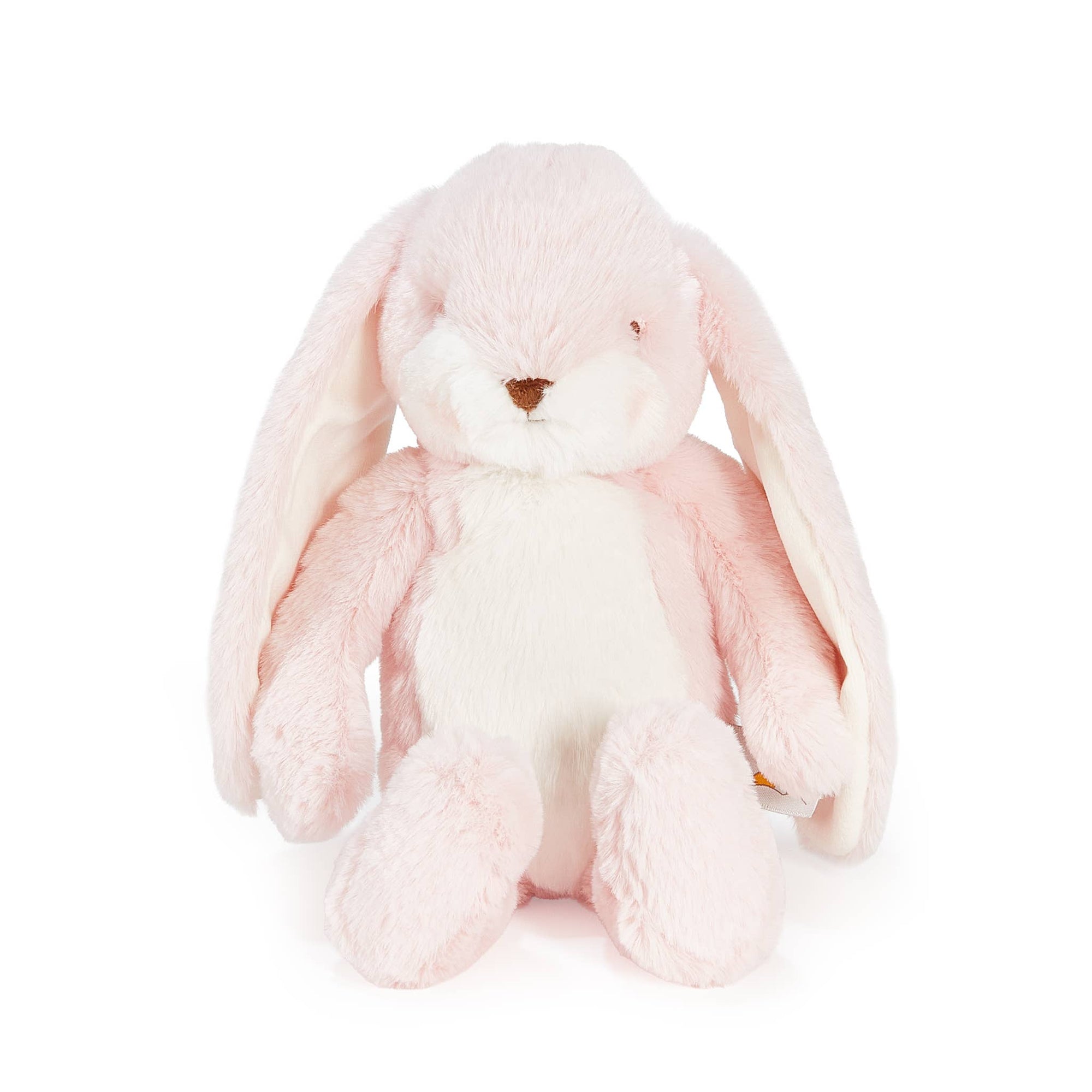 Pink plush bunny toy on a white background