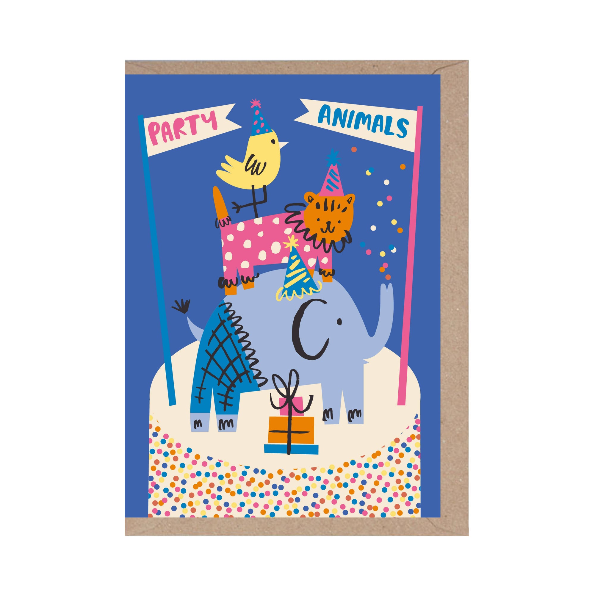Greeting card with cartoon animals celebrating a party on a blue background