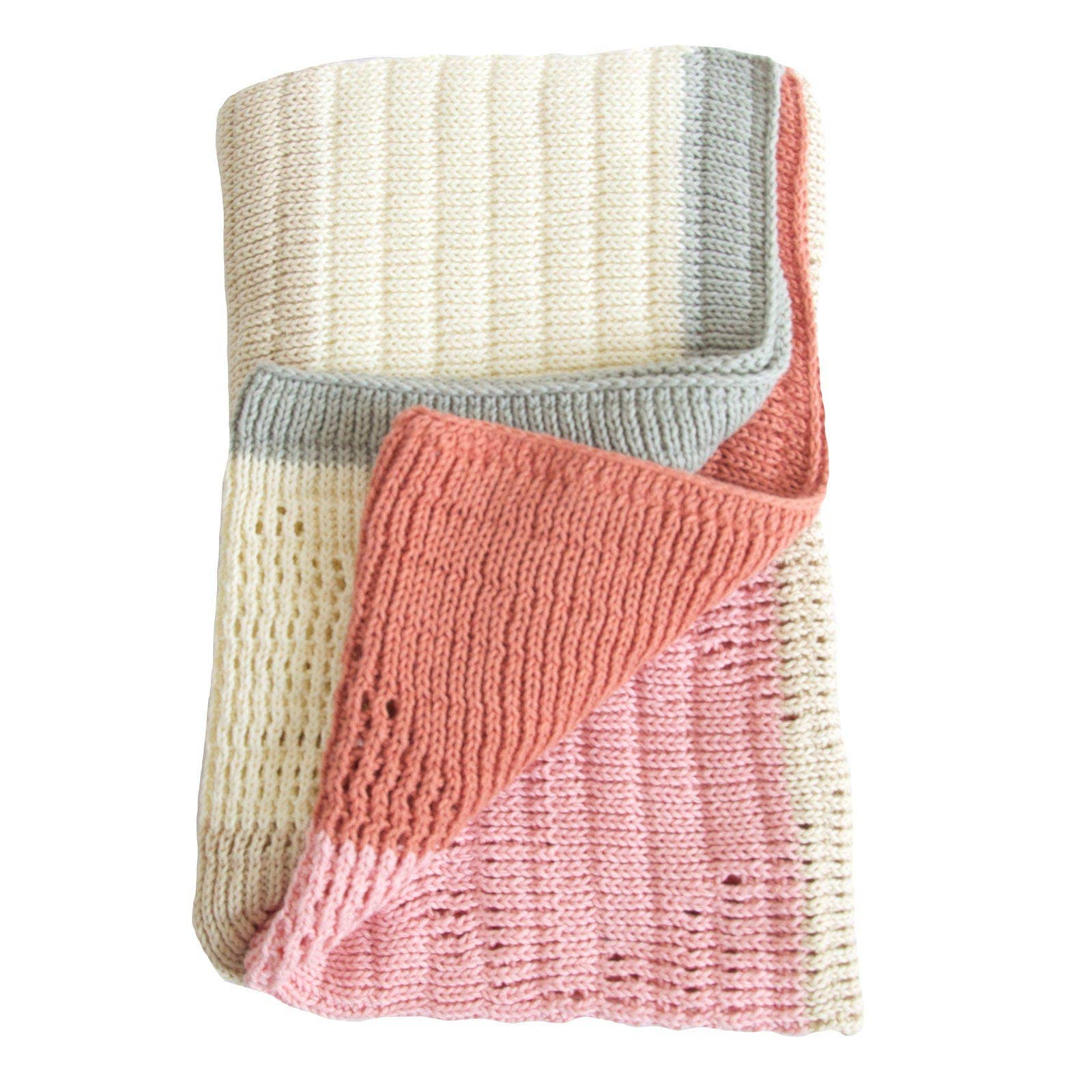 Knitted blanket with a striped pattern in beige, gray, and pink on a white background
