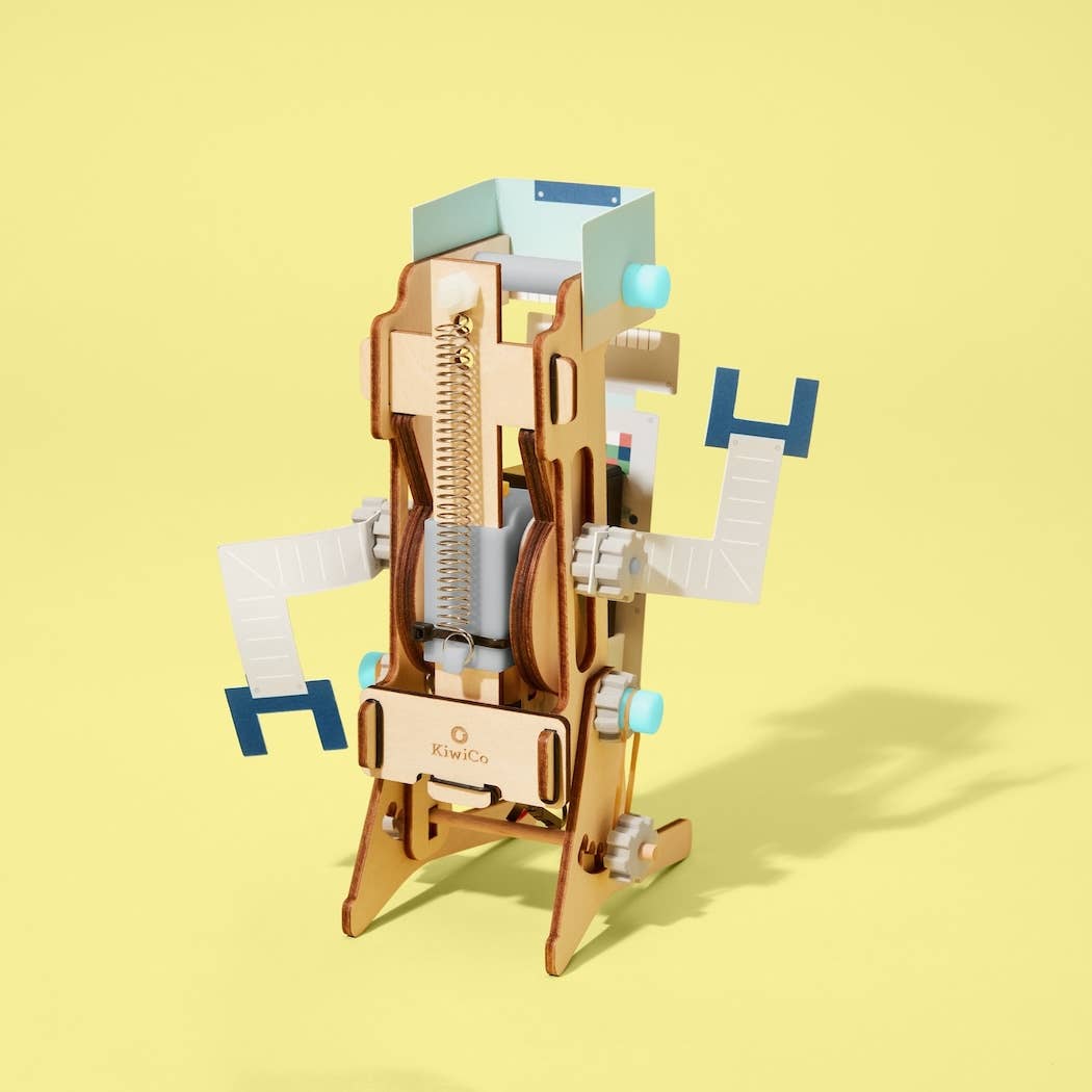 Mechanical model of a character with a yellow background