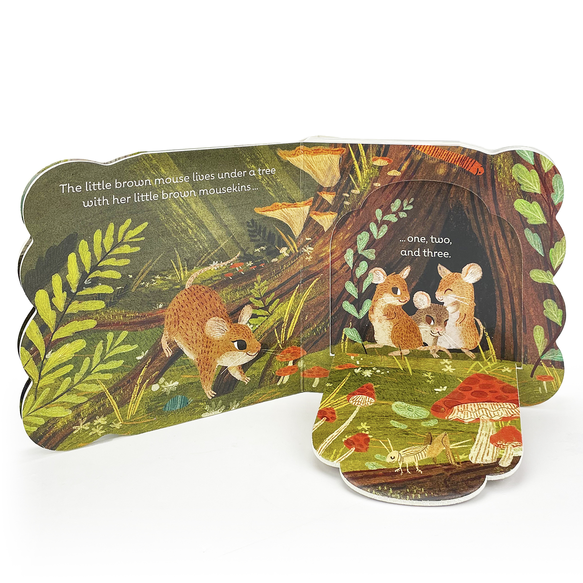 Children's book with illustrations of mice and mushrooms in a forest setting
