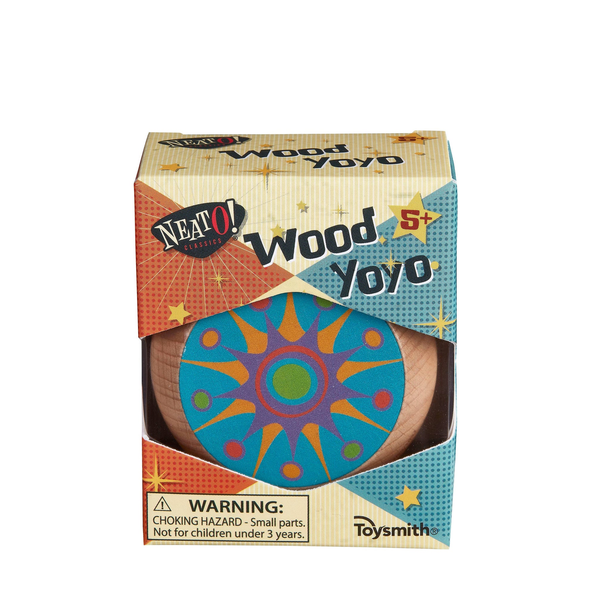Wooden yoyo in a colorful box with 'Neat! Wood Yoyo' branding on a white background.