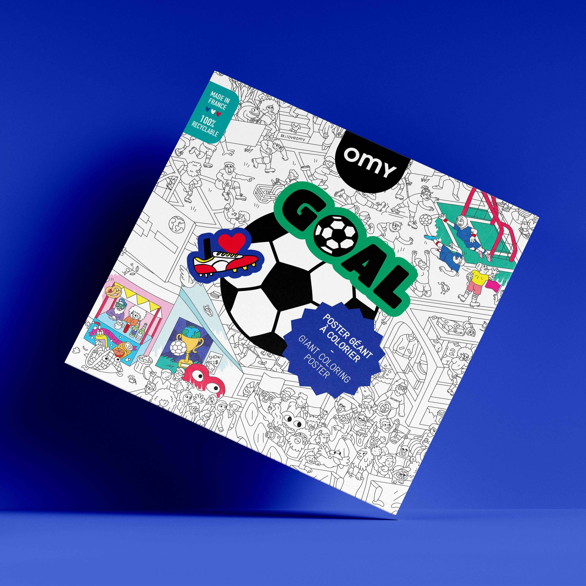 Coloring book with soccer theme on a blue background