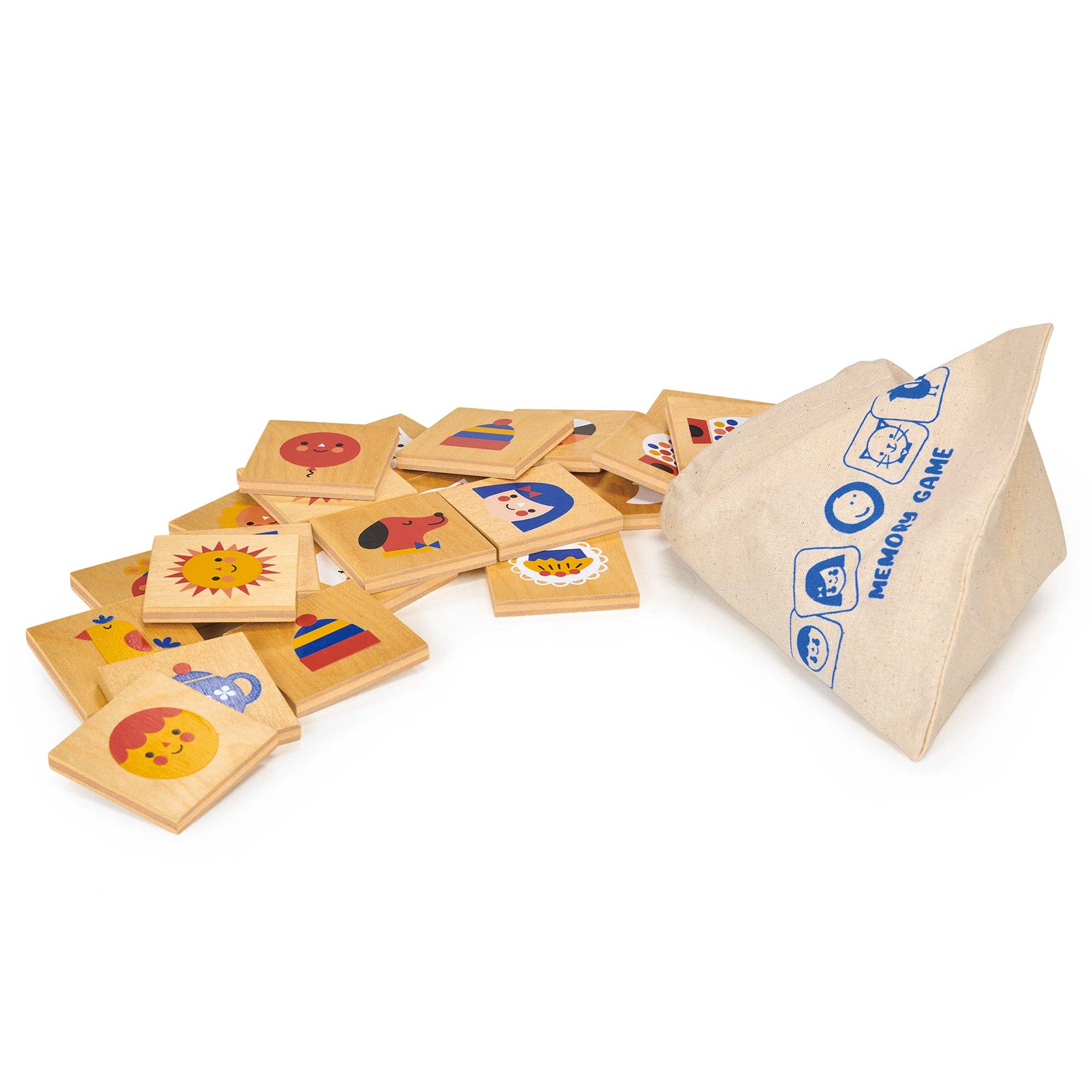 Wooden memory game cards with colorful illustrations and a branded bag on a white background