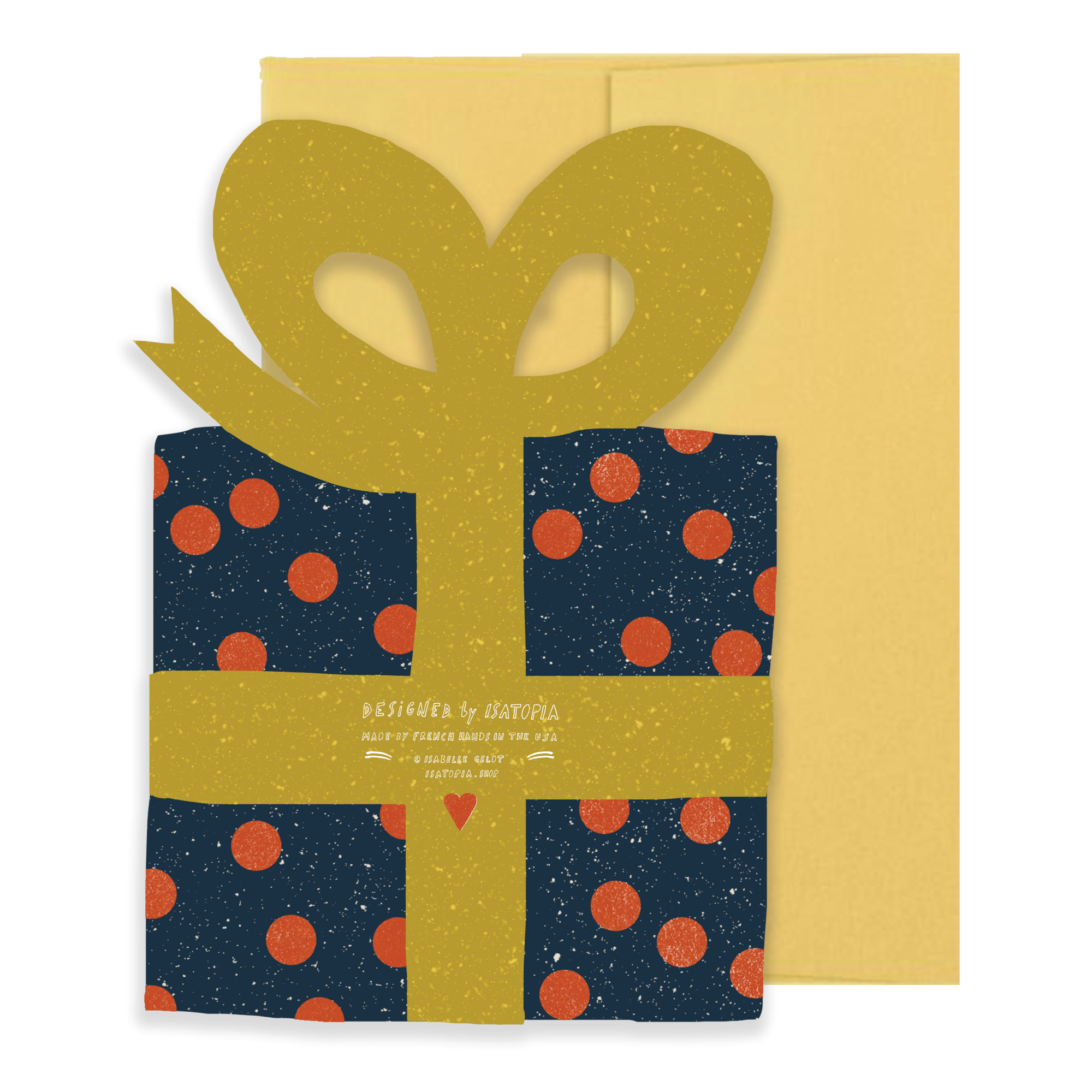 Gift card with blue polka dot design and yellow bow on a white background