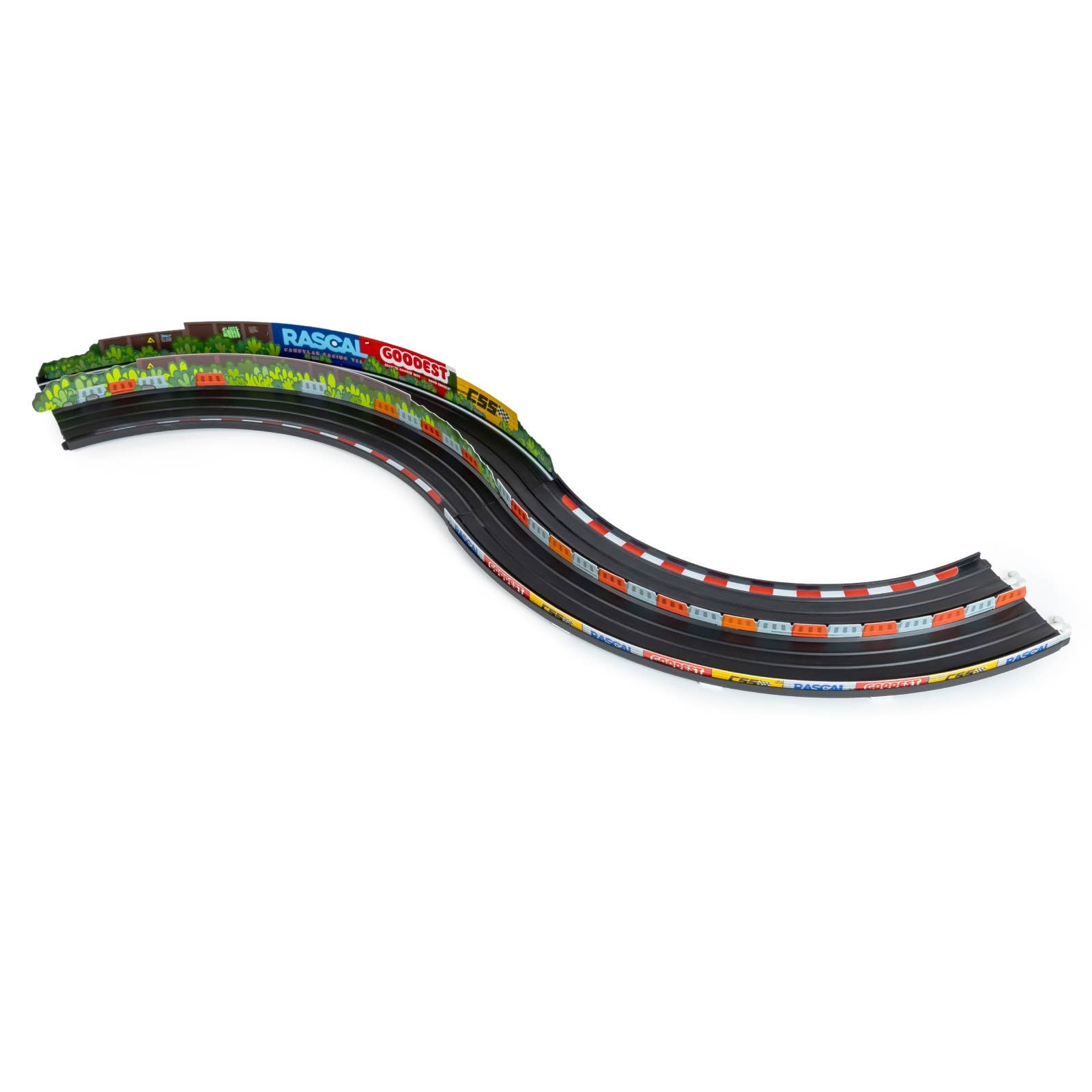 Model of a slot car track with colorful plastic pieces on a white background