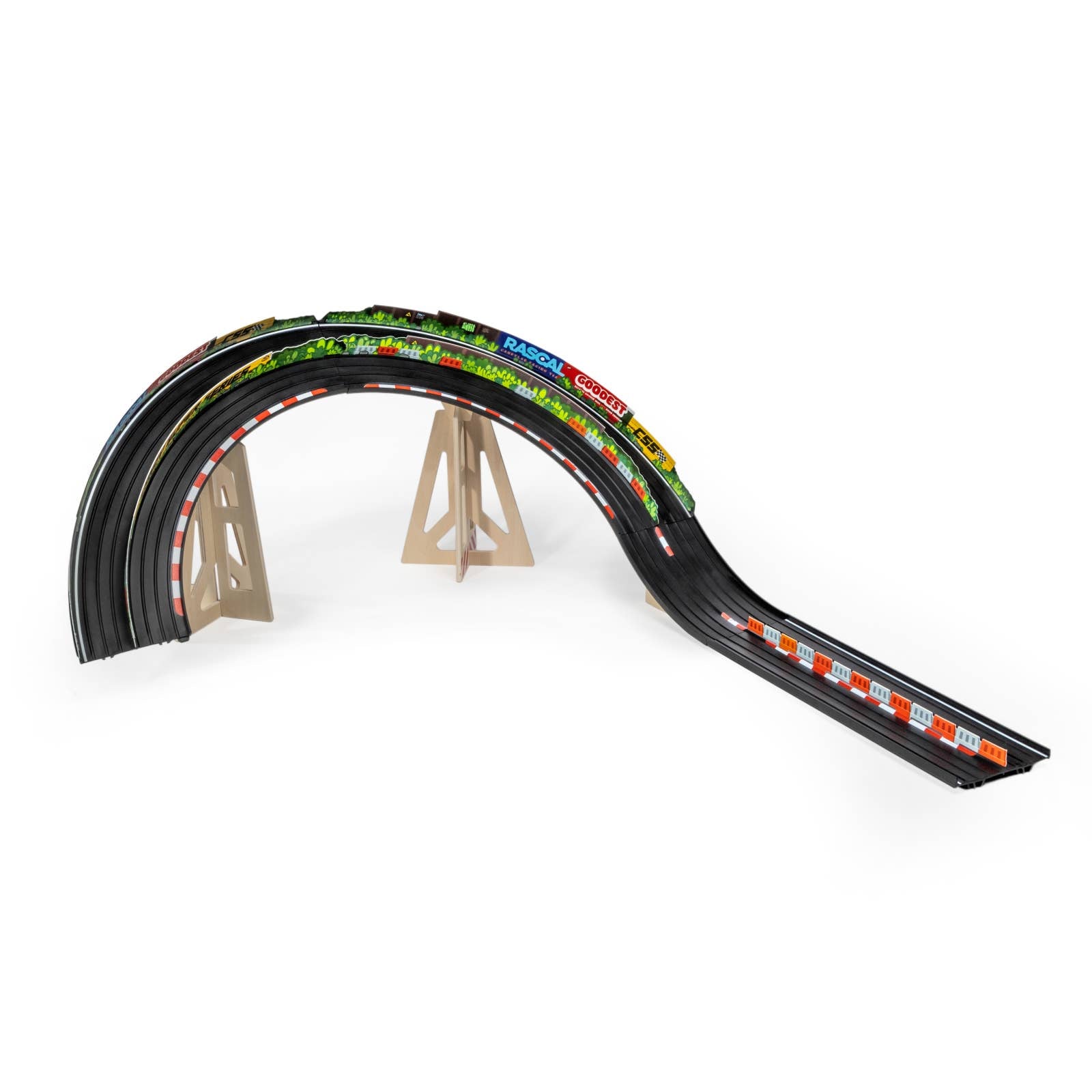 Toy race track set with curved and straight sections on a white background