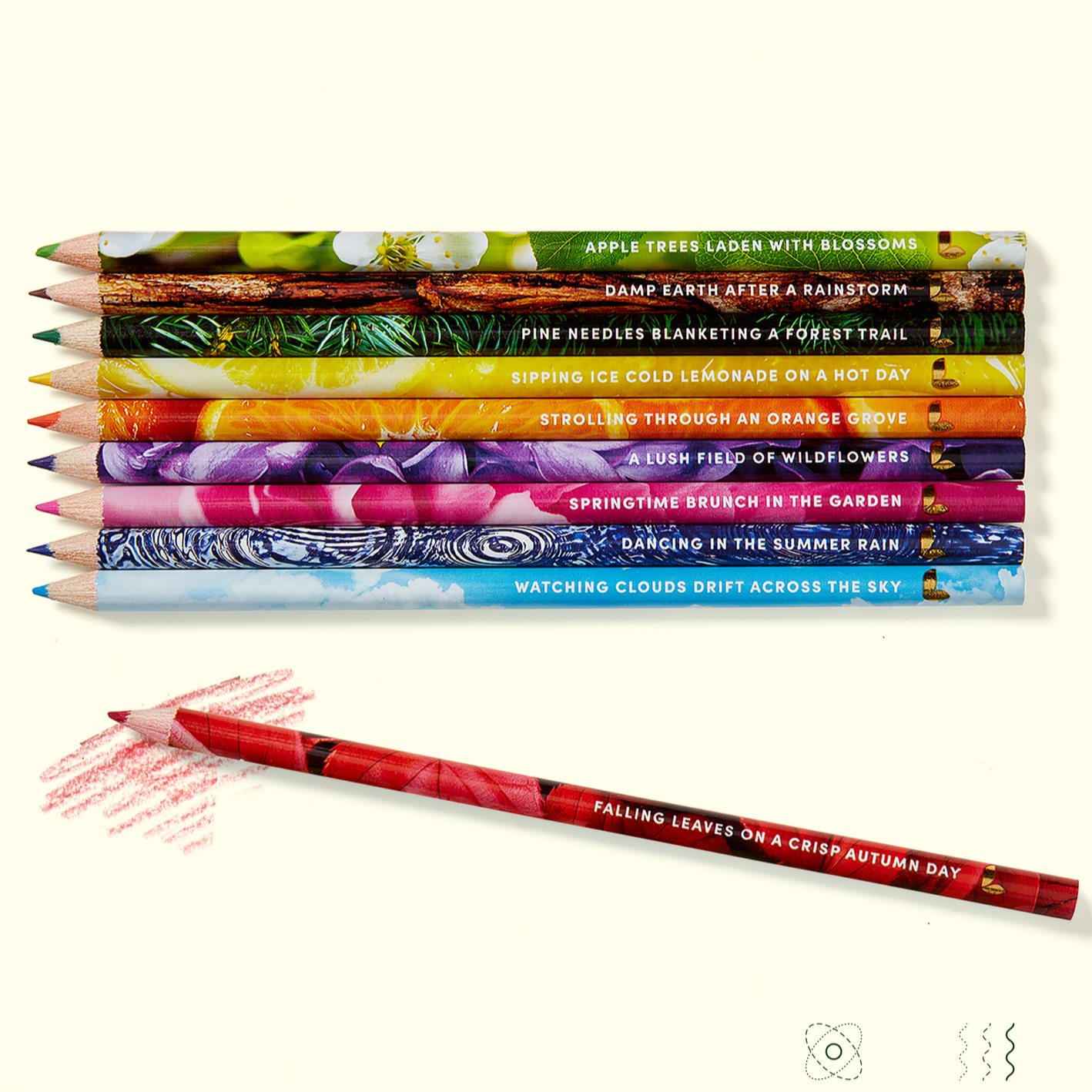 Set of colored pencils with scented packaging on a white background
