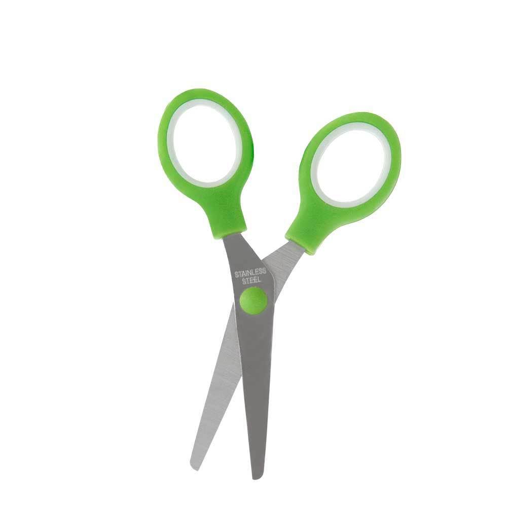 Green-handled scissors with gray blades on a white background