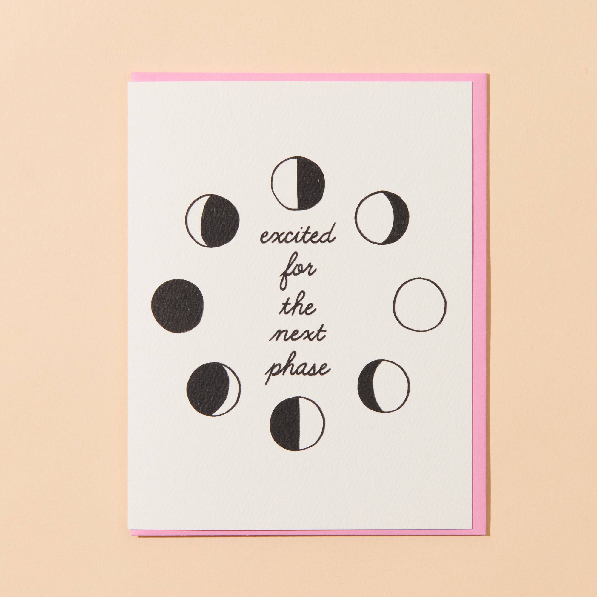 Card with moon phase illustrations and text on a beige background