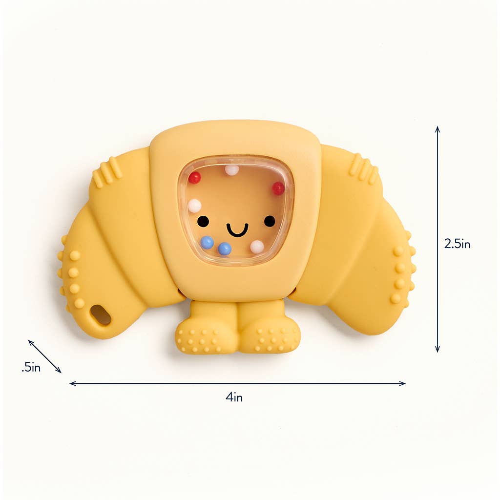 Yellow elephant-shaped toy with a smiley face and colorful beads inside, shown with dimensions on a white background.