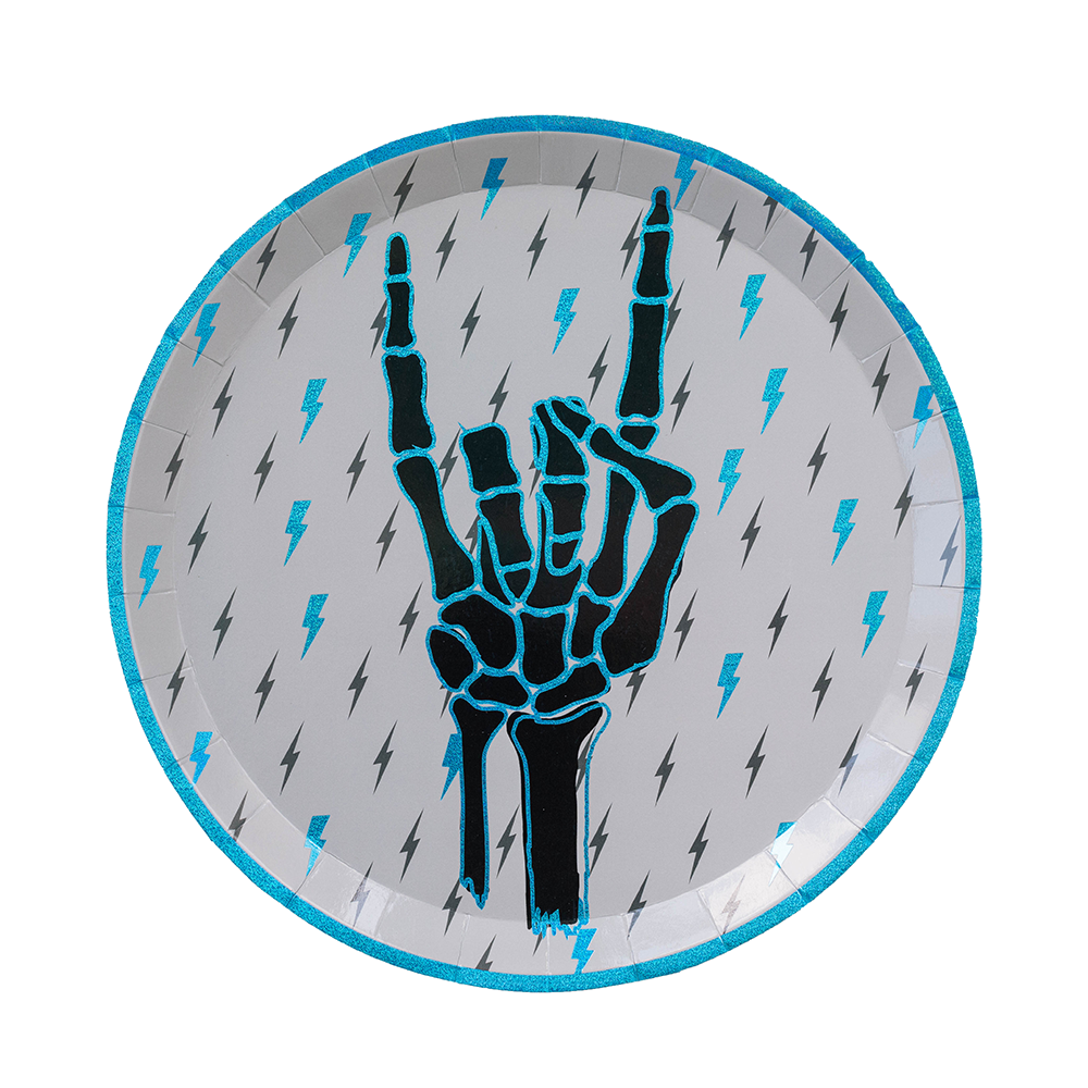 Paper plate with skeleton hand and lightning bolt design on a gray background