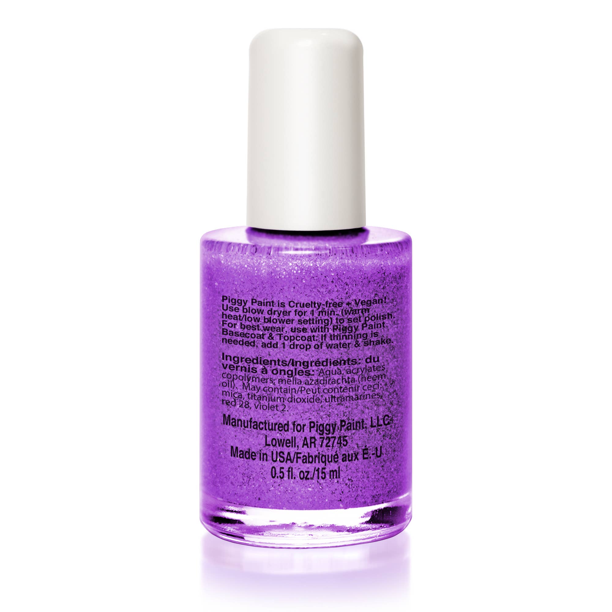 Purple nail polish bottle with white cap on a white background