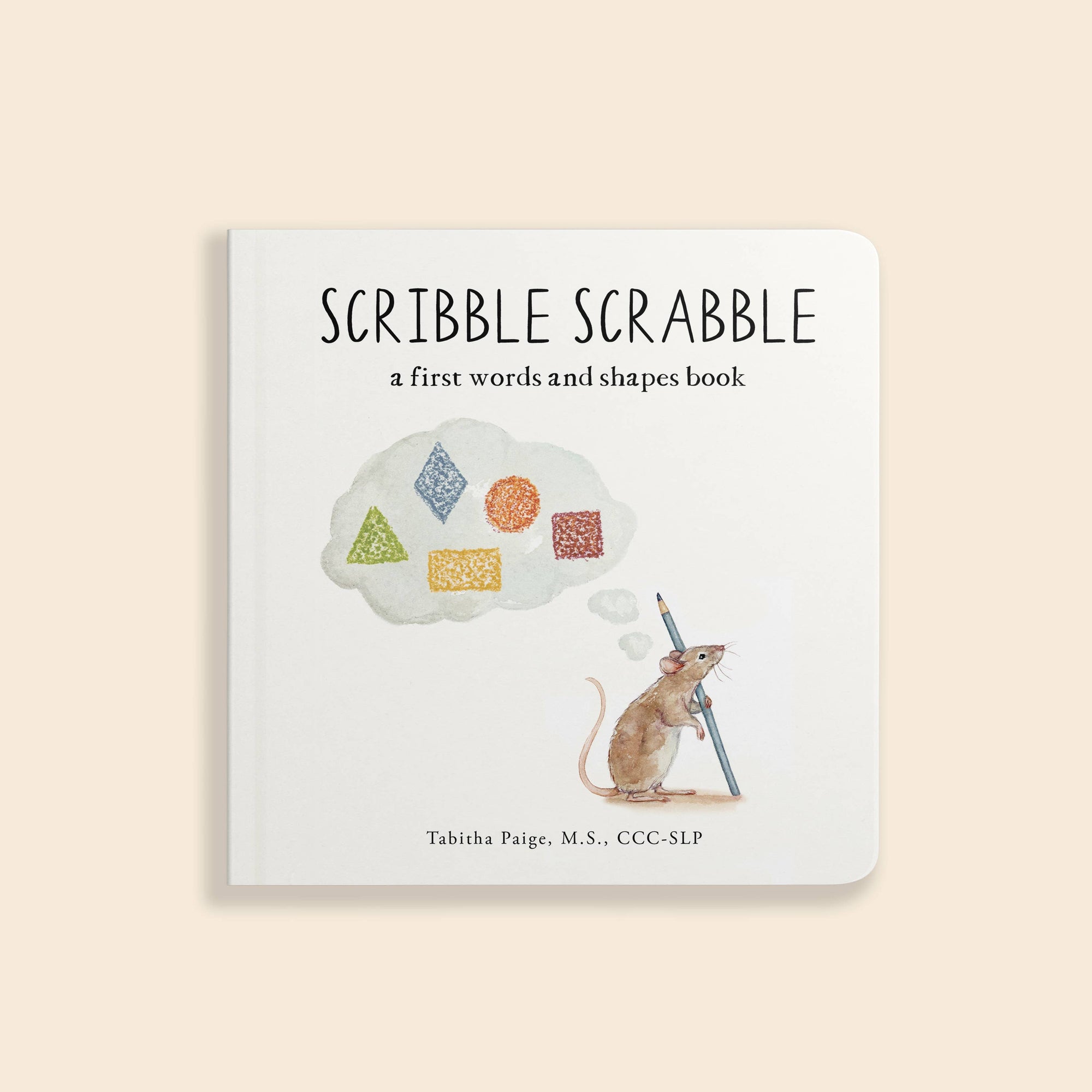 Children's book titled 'Scribble Scrabble' on a beige background