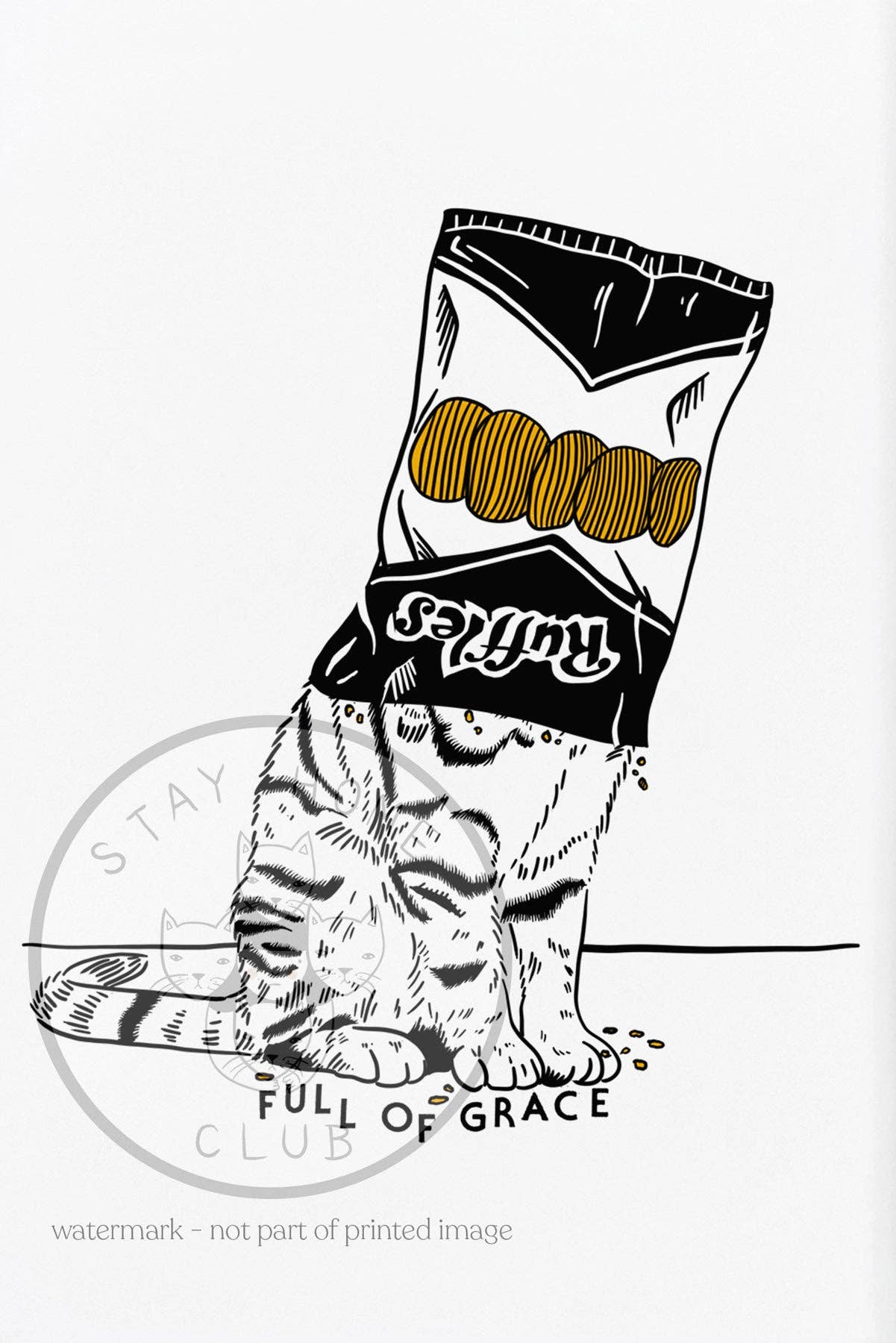 Illustration of a cat wearing a bag with 'Full of Grace' text on a white background