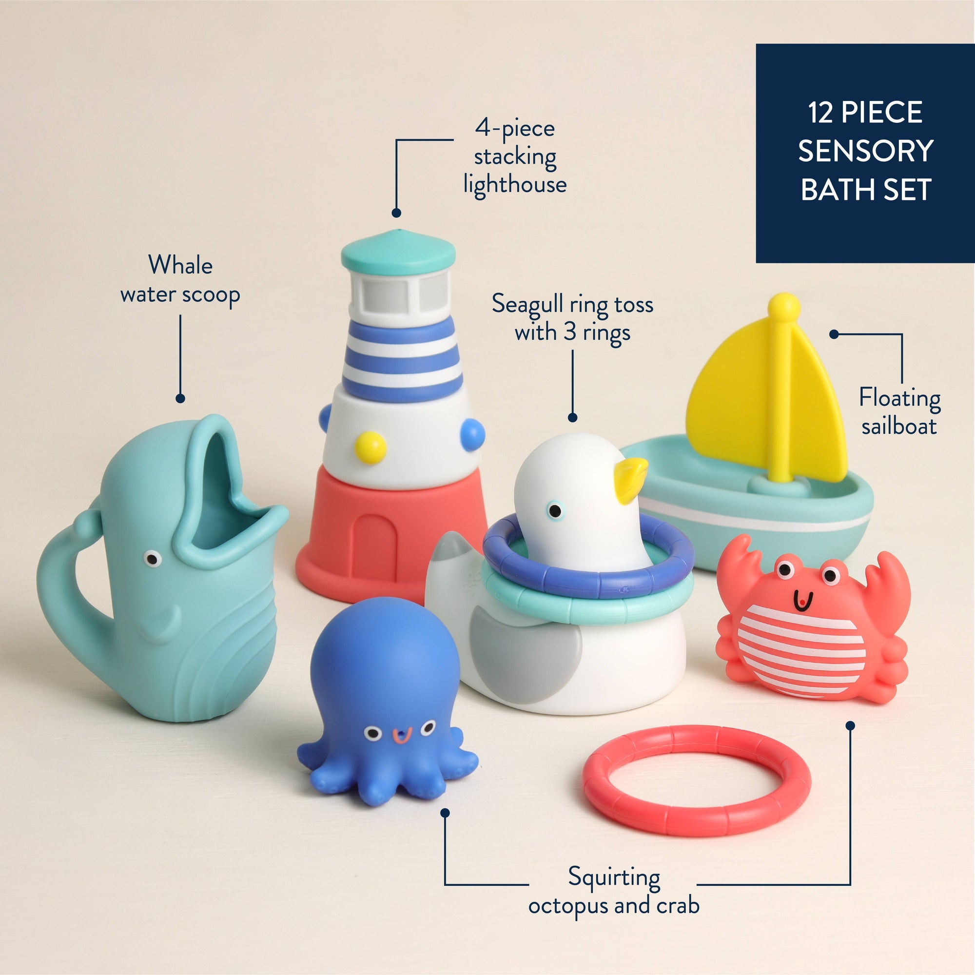 12-piece sensory bath set with labeled components on a beige background