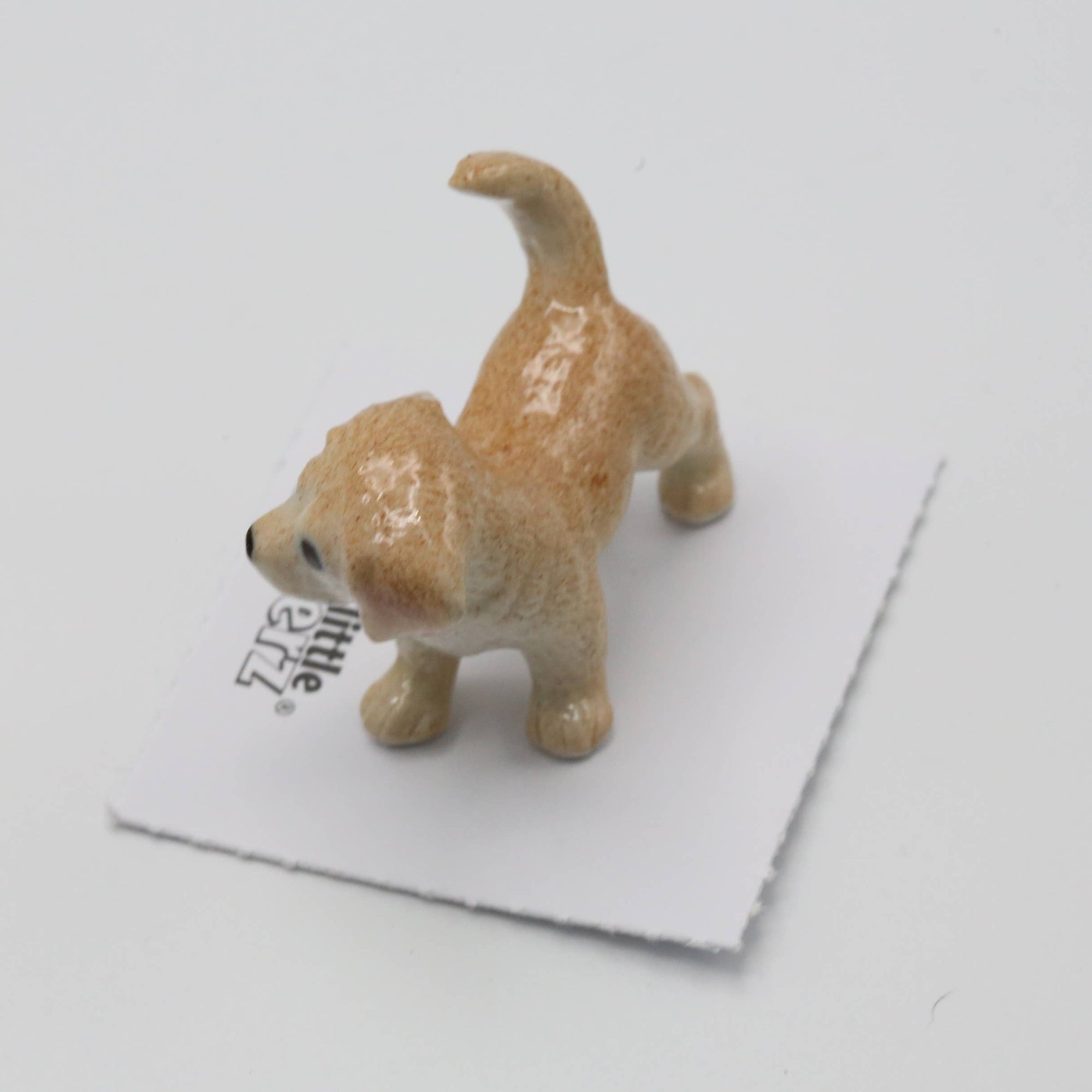 Small dog figurine on a white card with text on a light gray background
