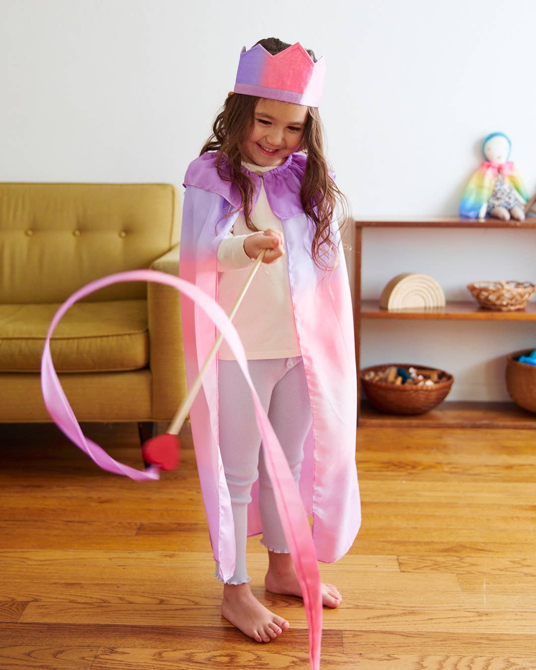 Pink & Purple Silk & Wood Streamer Heart Wand for Pretend Play