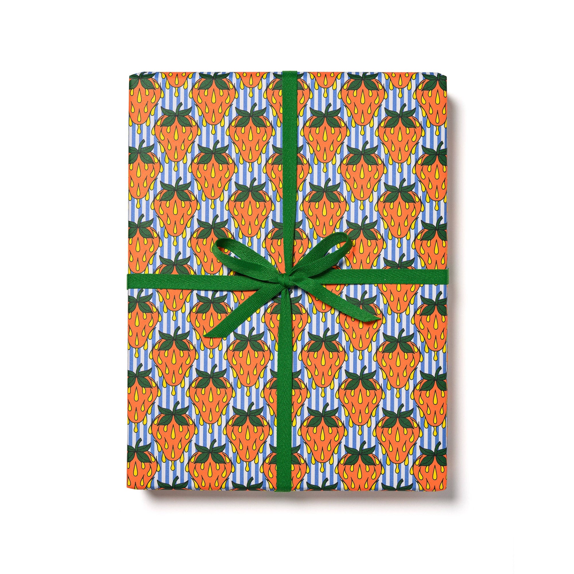 Gift box with strawberry pattern and green ribbon on a white background