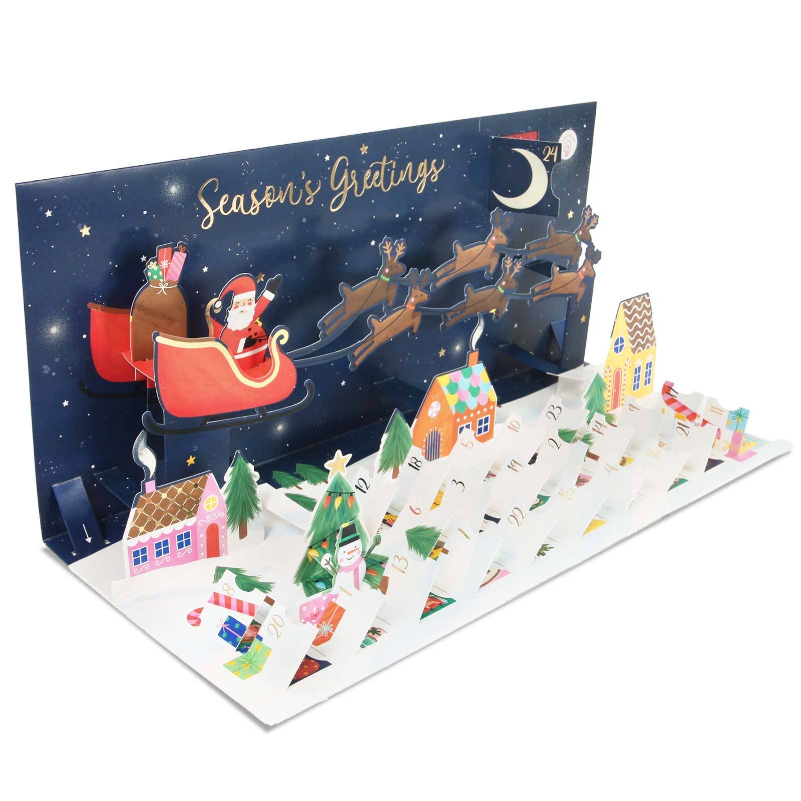 Pop-up Christmas card with Santa Claus in sleigh and reindeer, featuring 'Season's Greetings' text.