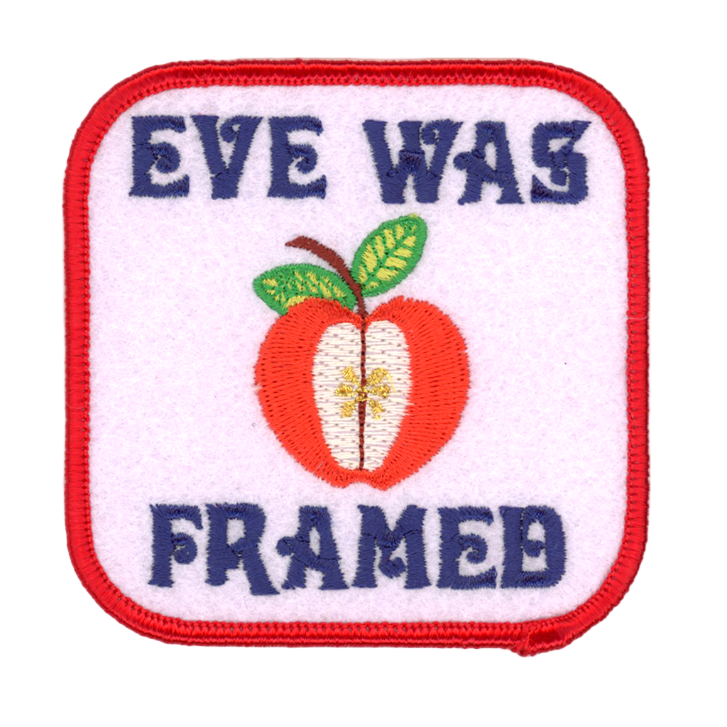 Embroidered patch with an apple and text on a white background