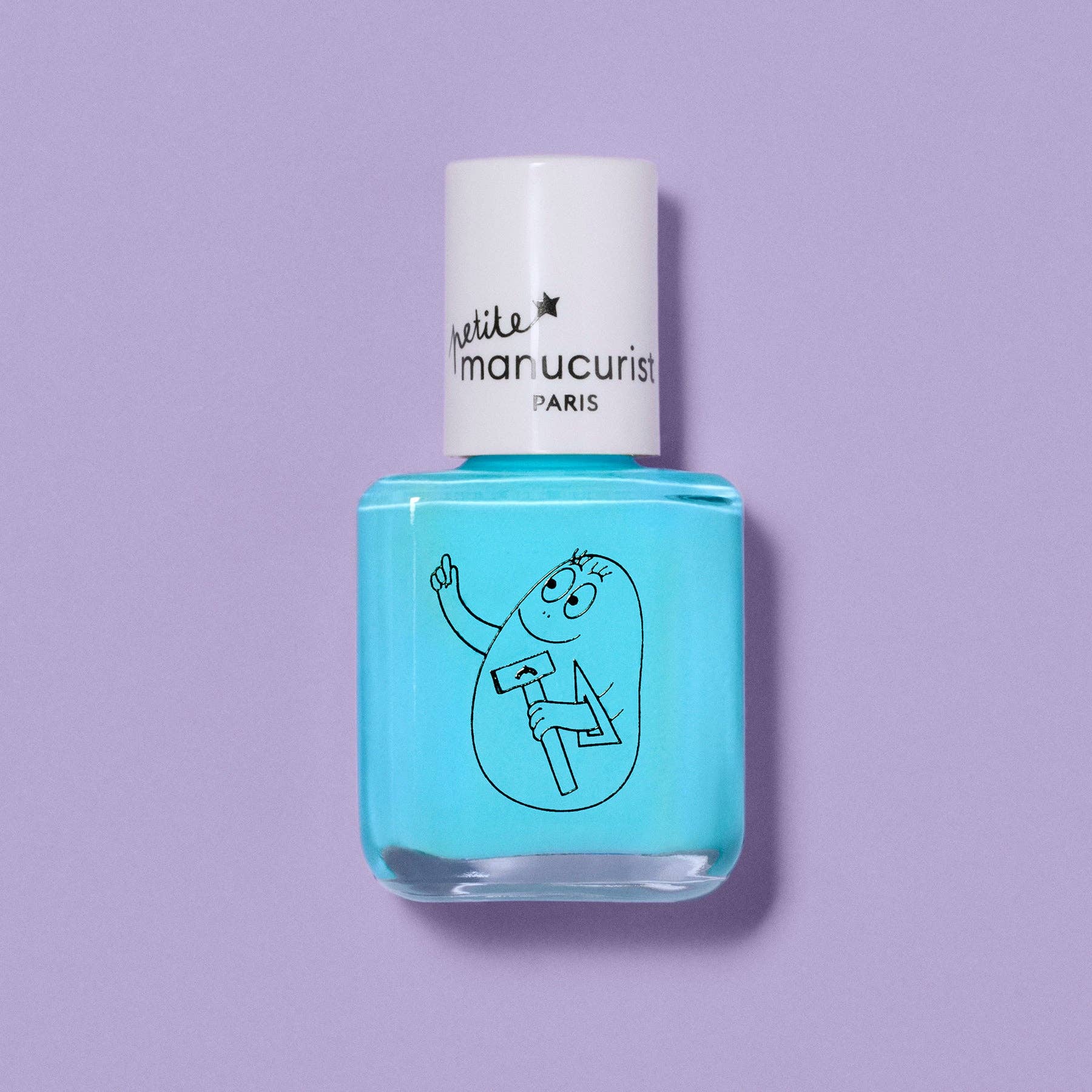 Blue nail polish bottle with white cap on a purple background
